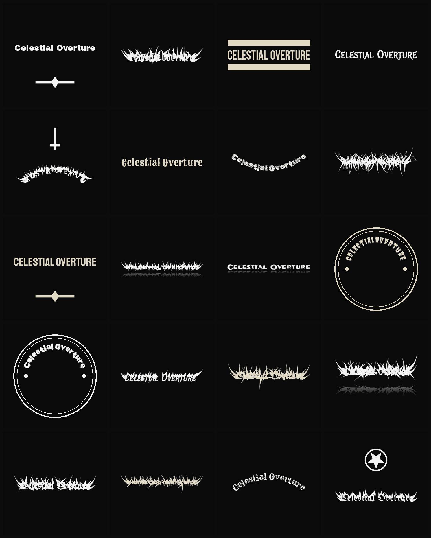 Twenty Celestial Overture band logo ideas — different faces, treatments and spike settings