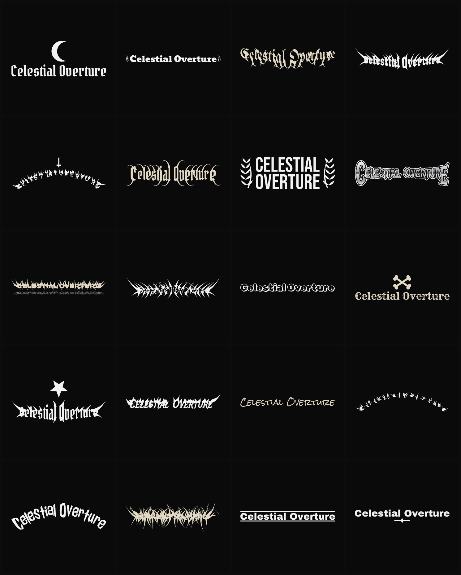 Twenty Celestial Overture band logo ideas — different faces, treatments and spike settings