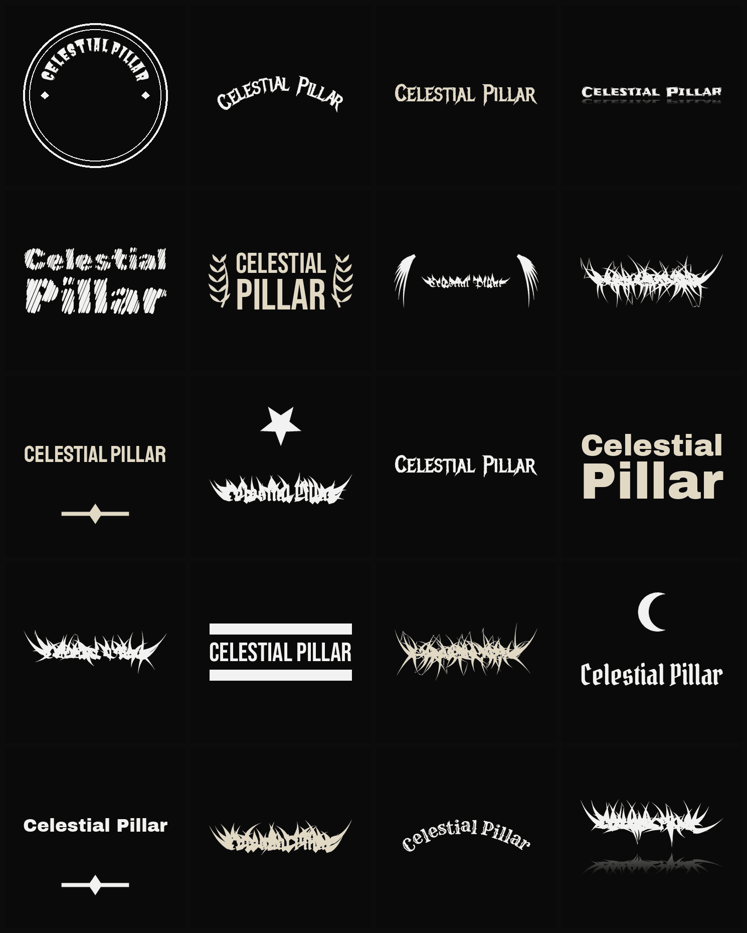 Twenty Celestial Pillar band logo ideas — different faces, treatments and spike settings