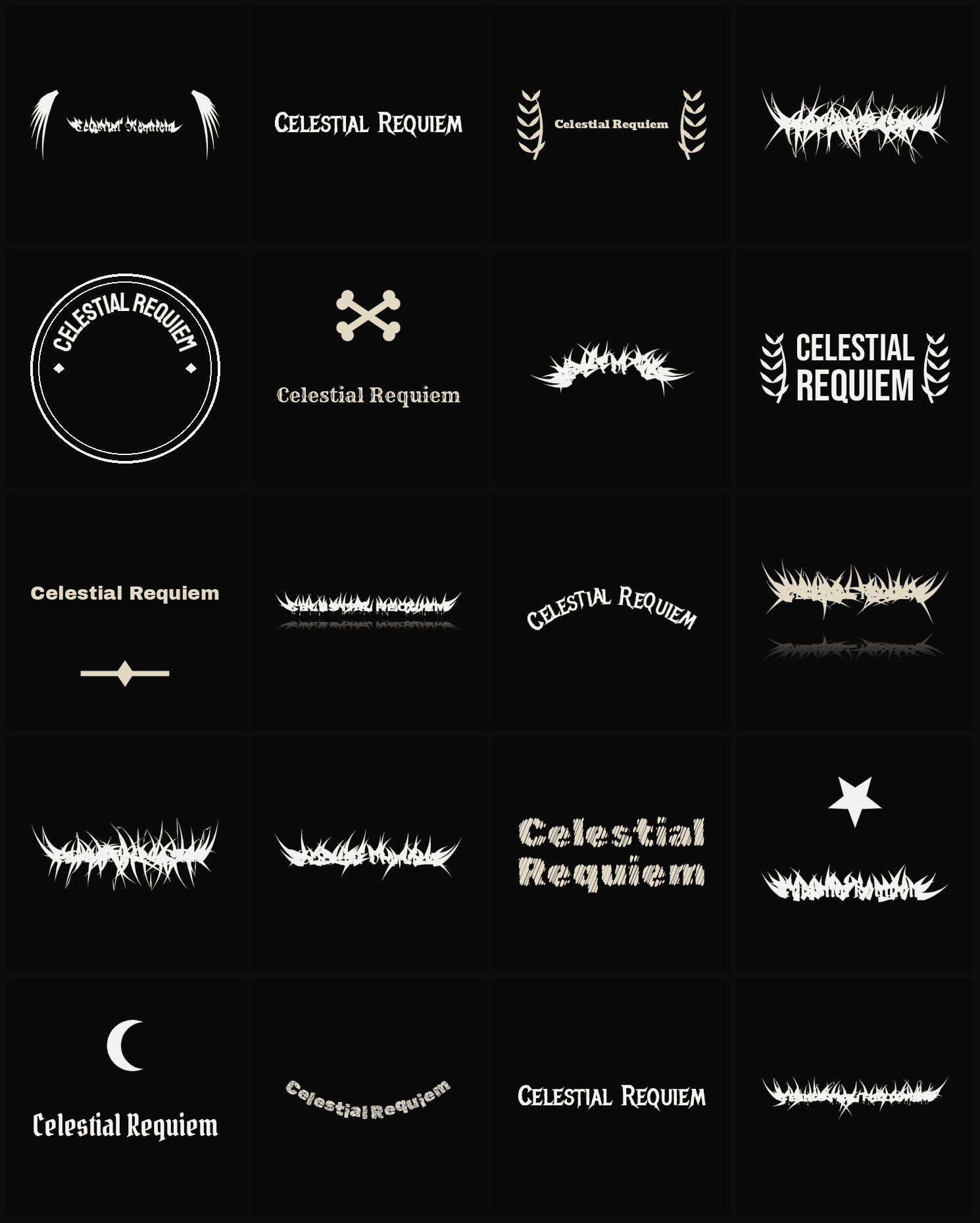 Twenty Celestial Requiem band logo ideas — different faces, treatments and spike settings