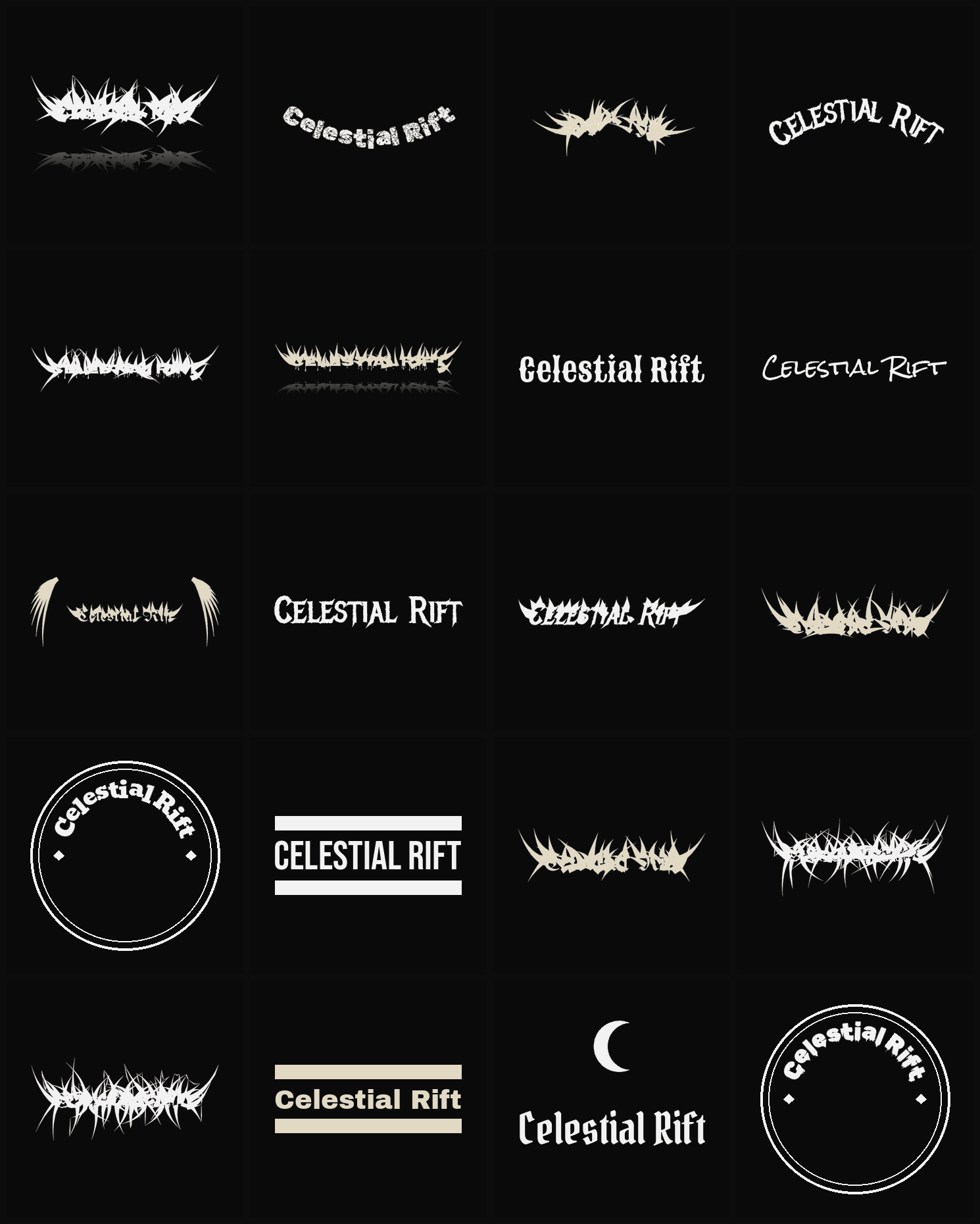 Twenty Celestial Rift band logo ideas — different faces, treatments and spike settings