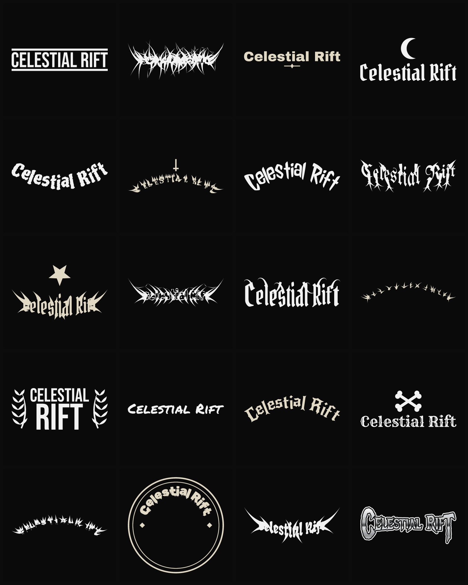 Twenty Celestial Rift band logo ideas — different faces, treatments and spike settings