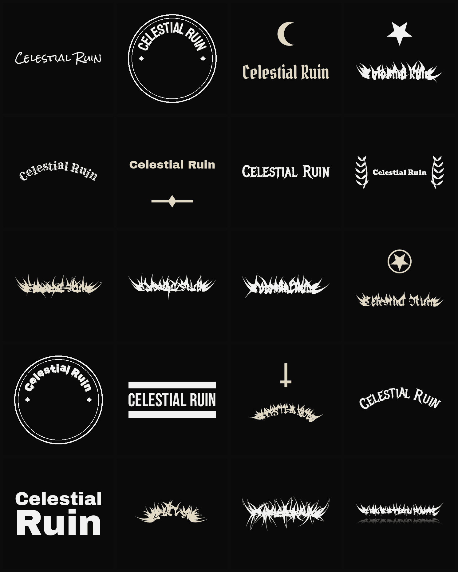 Twenty Celestial Ruin band logo ideas — different faces, treatments and spike settings