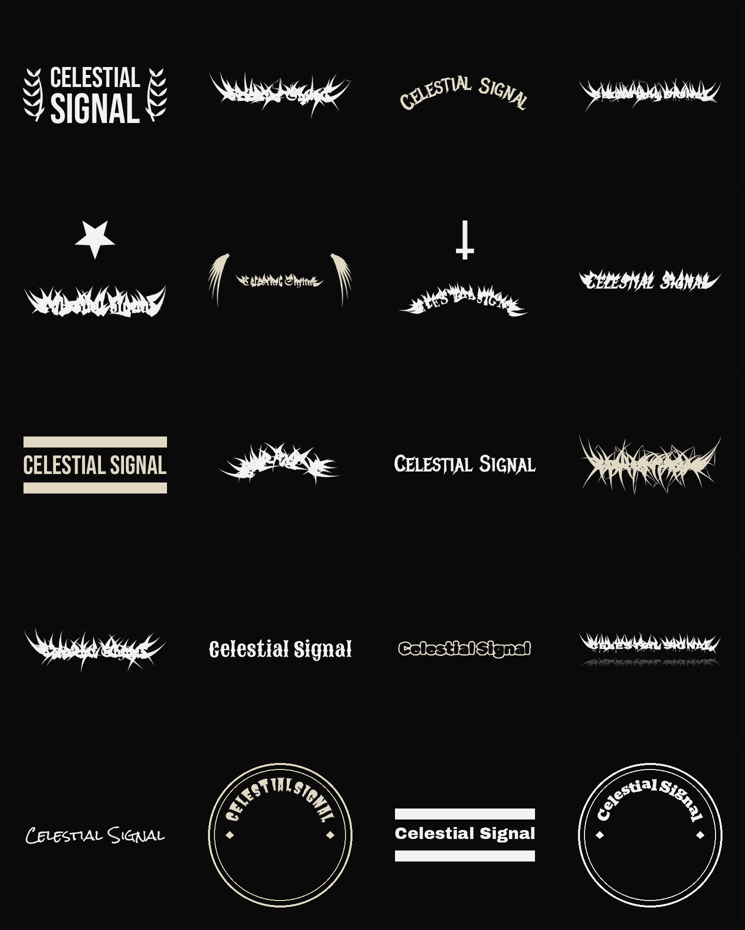 Twenty Celestial Signal band logo ideas — different faces, treatments and spike settings