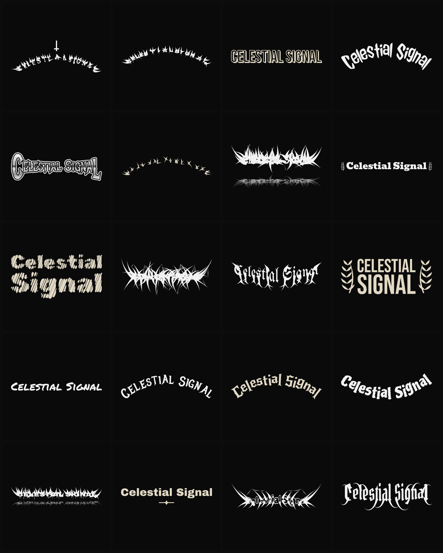 Twenty Celestial Signal band logo ideas — different faces, treatments and spike settings