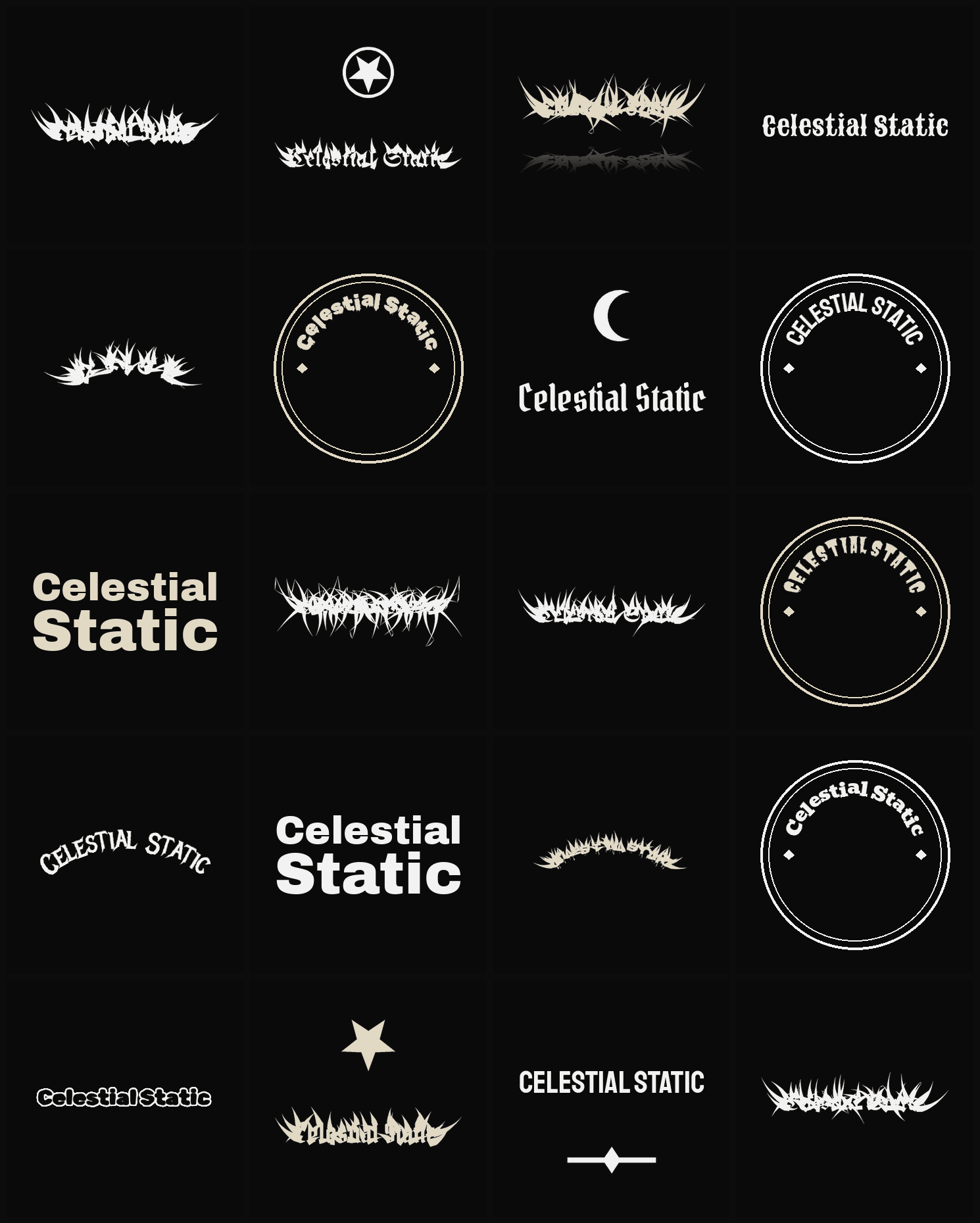 Twenty Celestial Static band logo ideas — different faces, treatments and spike settings
