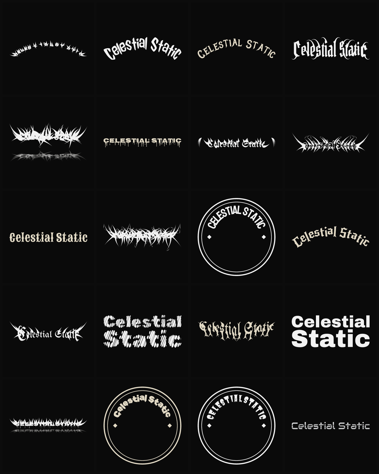 Twenty Celestial Static band logo ideas — different faces, treatments and spike settings