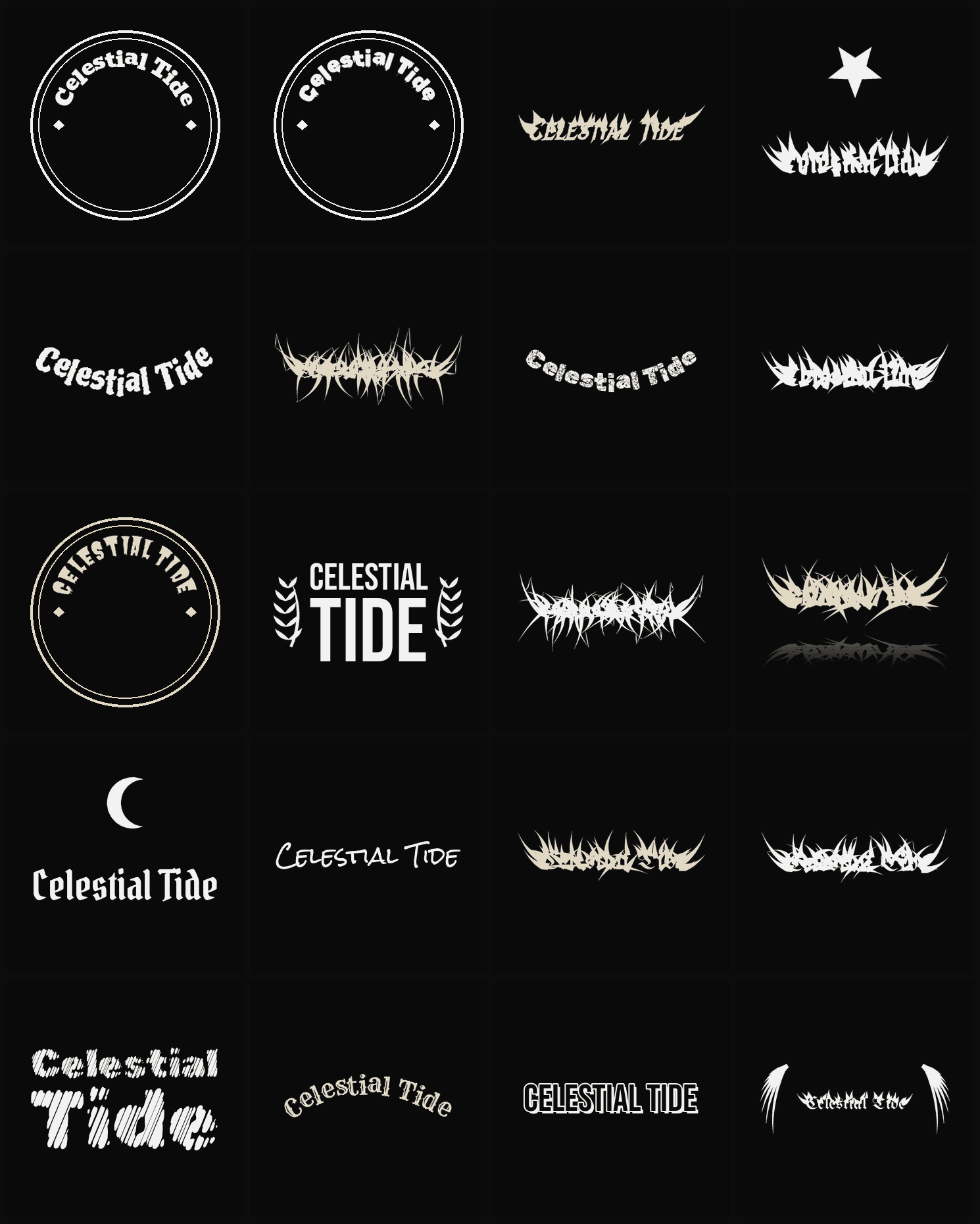 Twenty Celestial Tide band logo ideas — different faces, treatments and spike settings