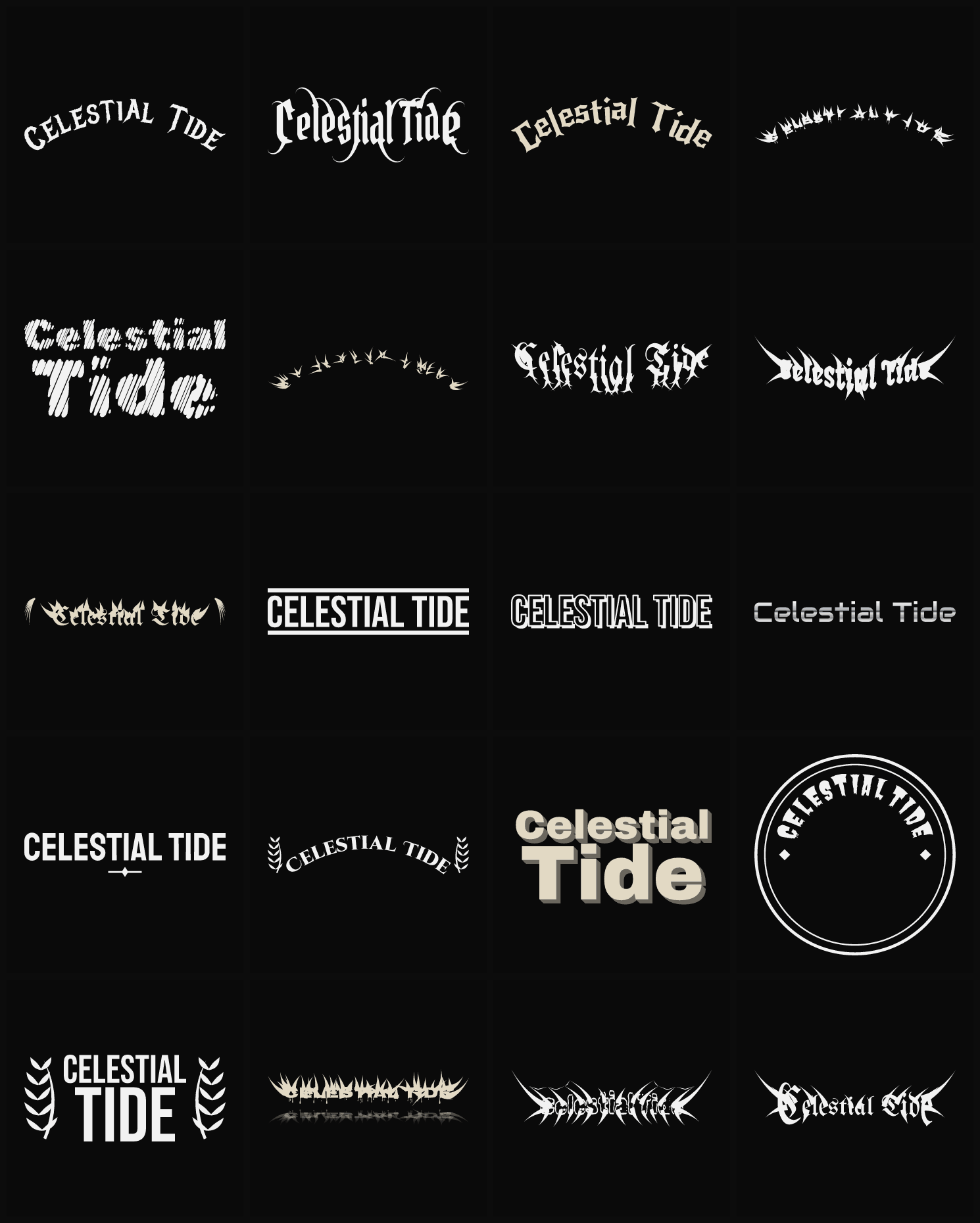 Twenty Celestial Tide band logo ideas — different faces, treatments and spike settings