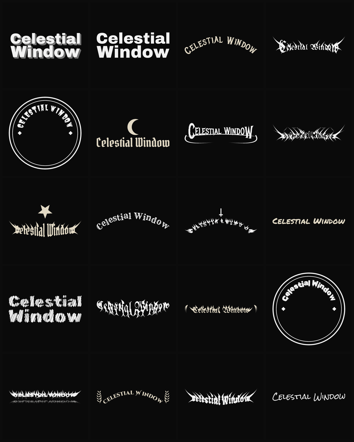 Twenty Celestial Window band logo ideas — different faces, treatments and spike settings