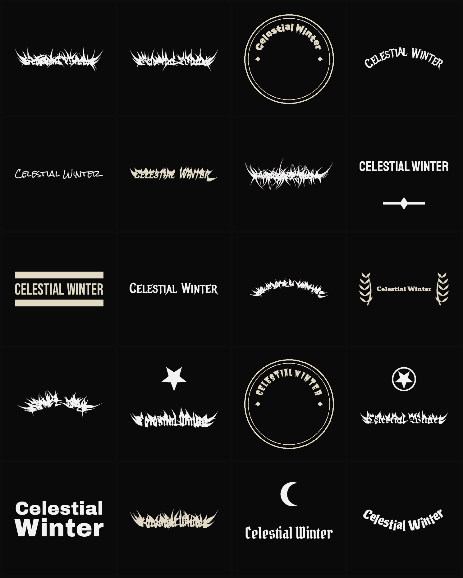 Twenty Celestial Winter band logo ideas — different faces, treatments and spike settings