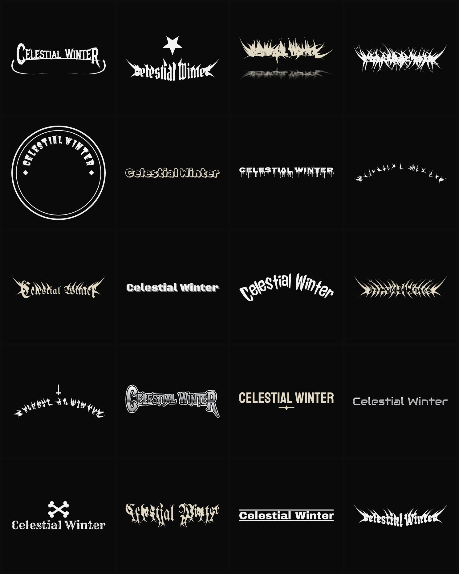 Twenty Celestial Winter band logo ideas — different faces, treatments and spike settings