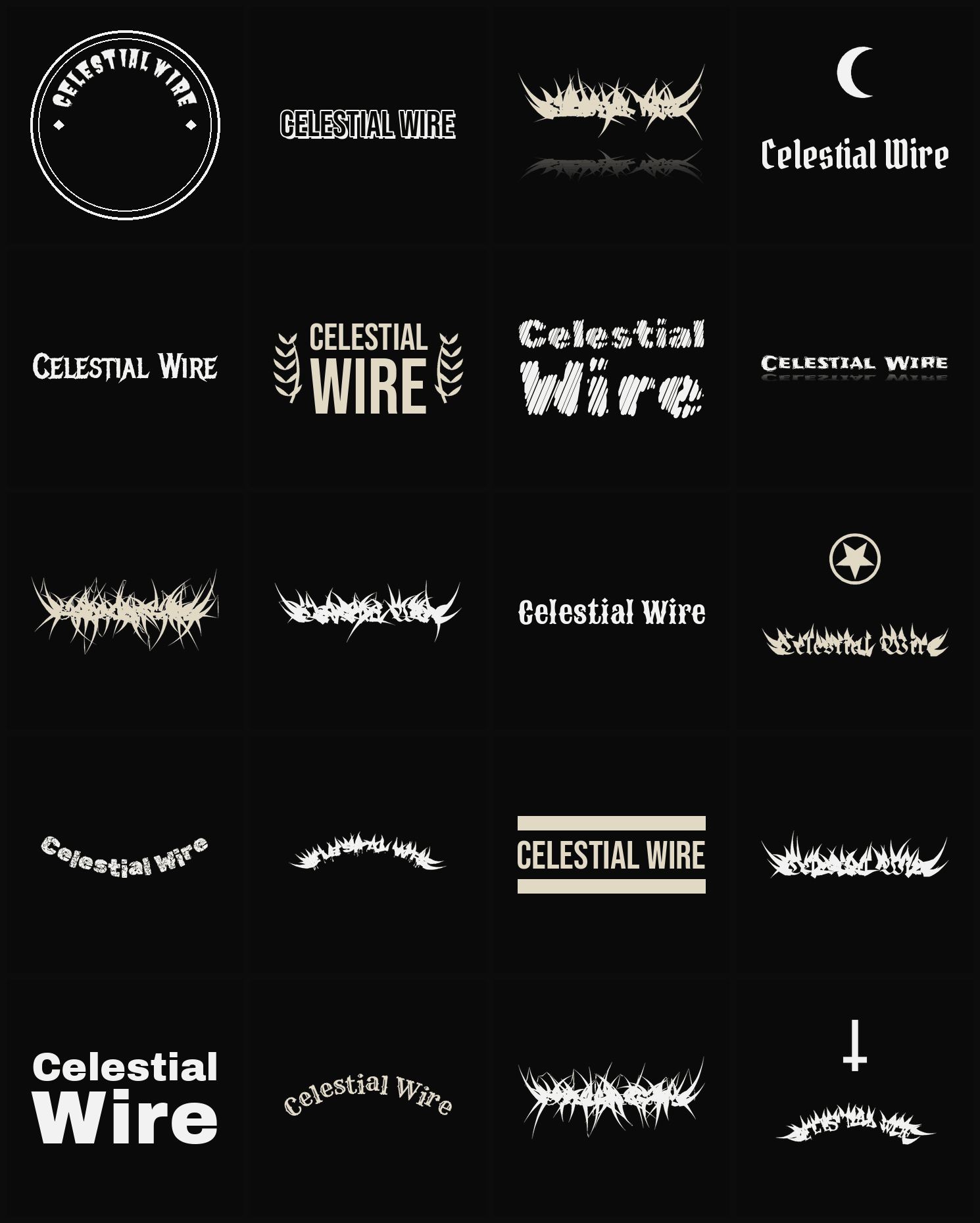 Twenty Celestial Wire band logo ideas — different faces, treatments and spike settings