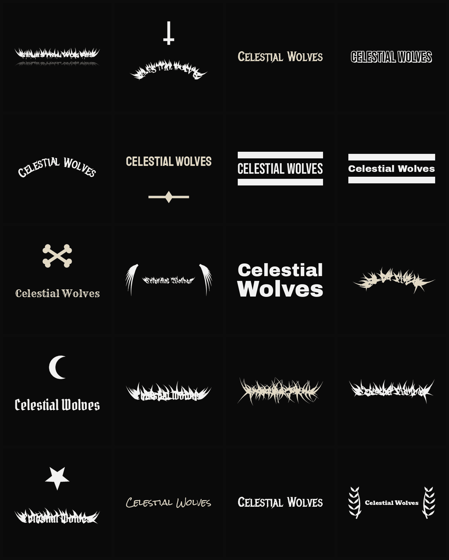 Twenty Celestial Wolves band logo ideas — different faces, treatments and spike settings