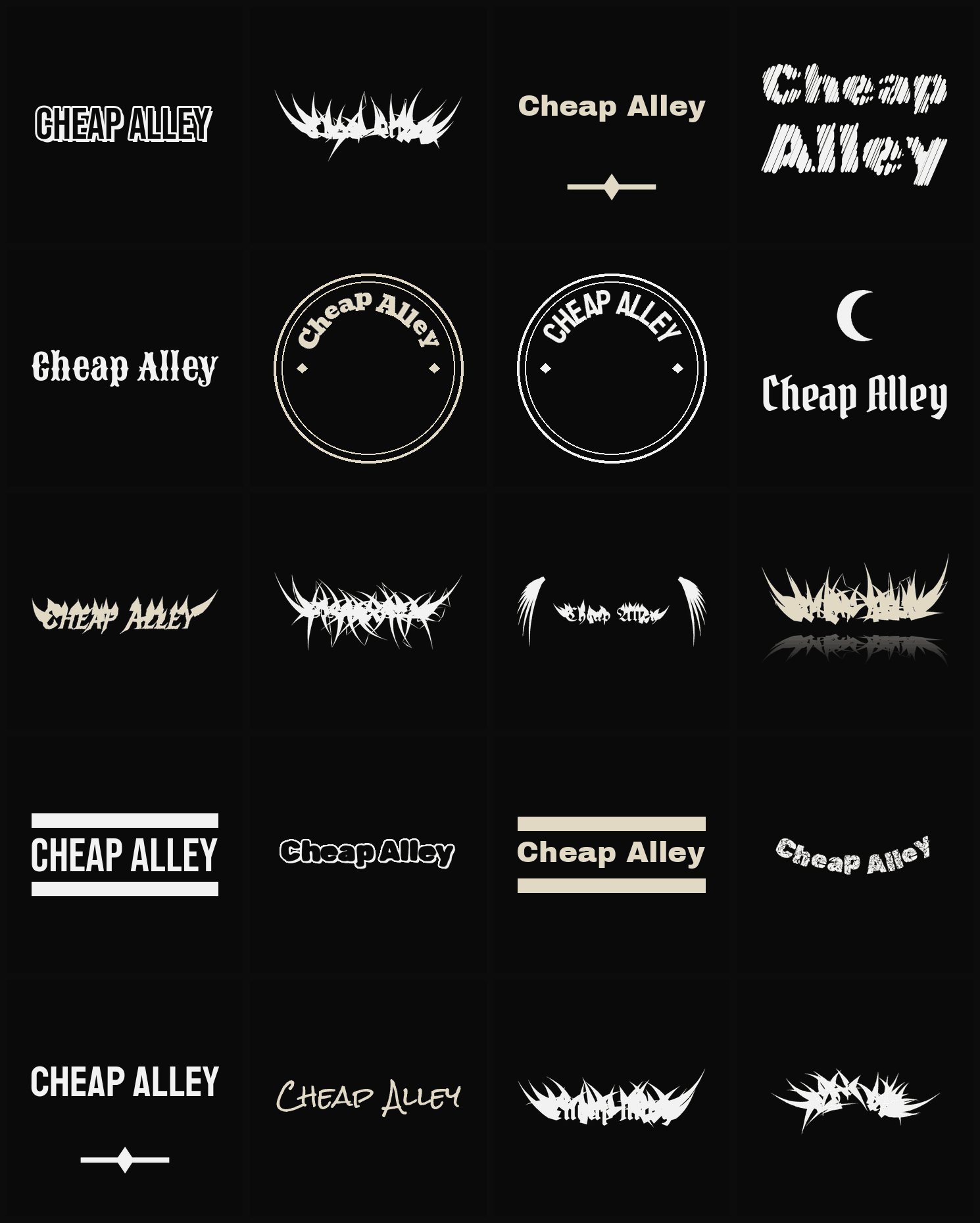 Twenty Cheap Alley band logo ideas — different faces, treatments and spike settings