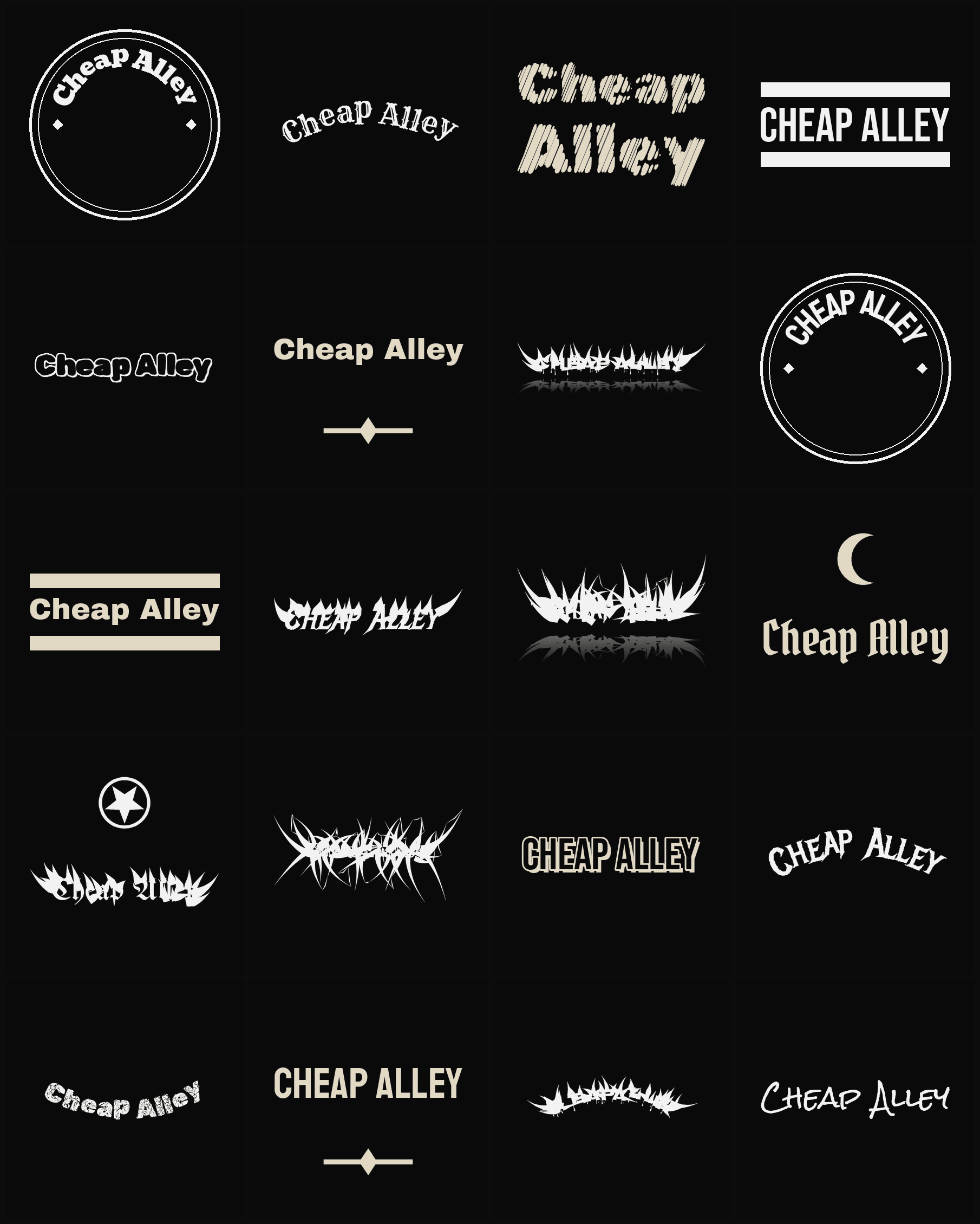 Twenty Cheap Alley band logo ideas — different faces, treatments and spike settings