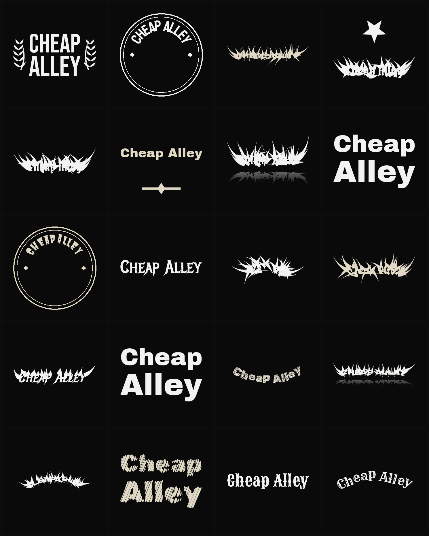 Twenty Cheap Alley band logo ideas — different faces, treatments and spike settings