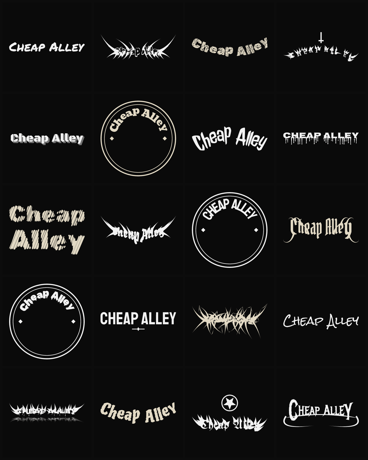 Twenty Cheap Alley band logo ideas — different faces, treatments and spike settings