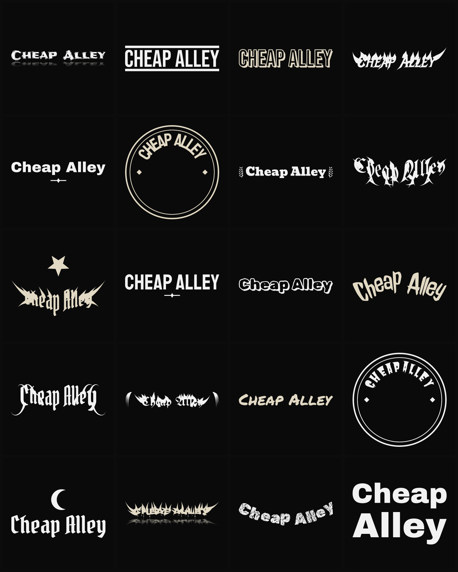 Twenty Cheap Alley band logo ideas — different faces, treatments and spike settings