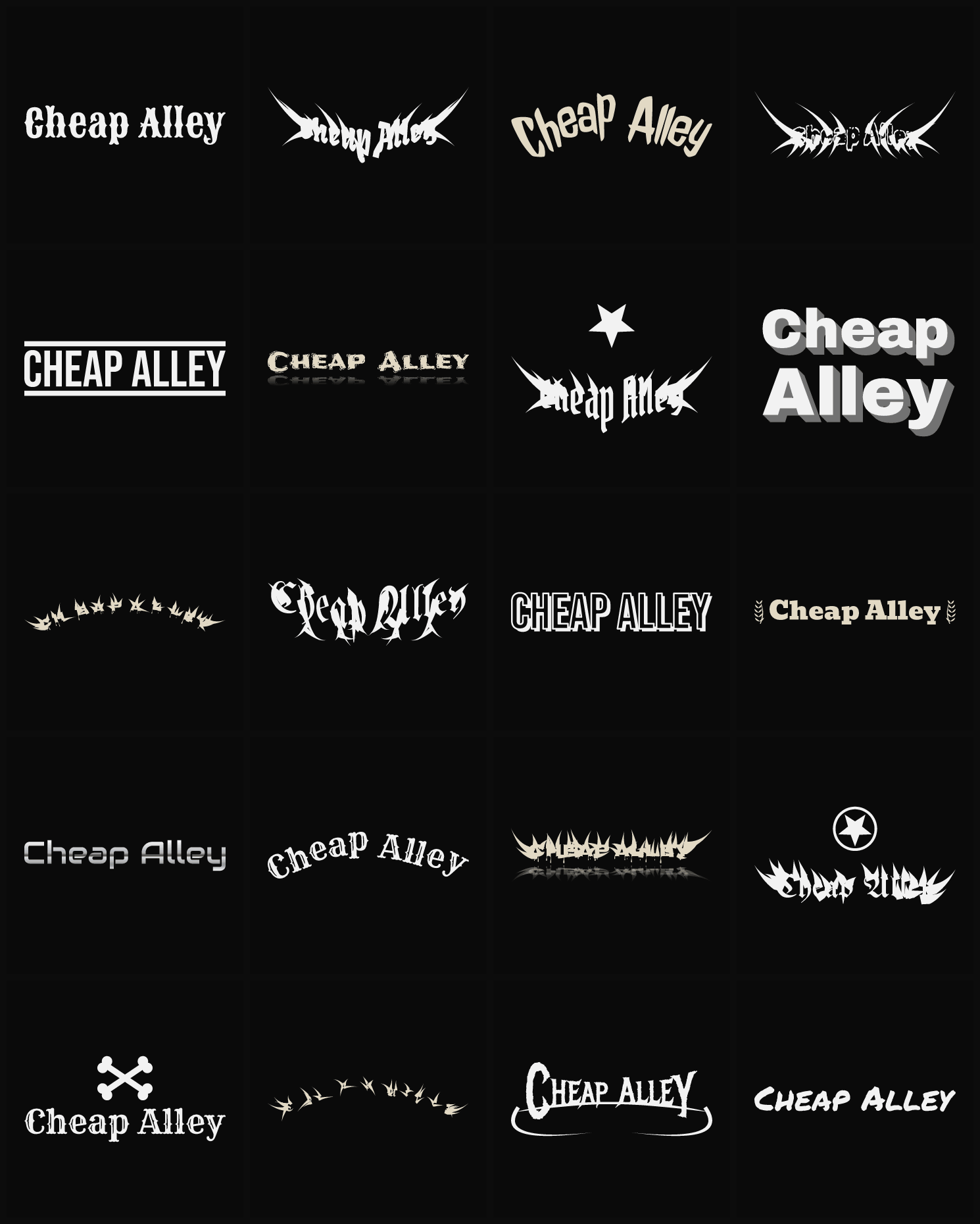 Twenty Cheap Alley band logo ideas — different faces, treatments and spike settings
