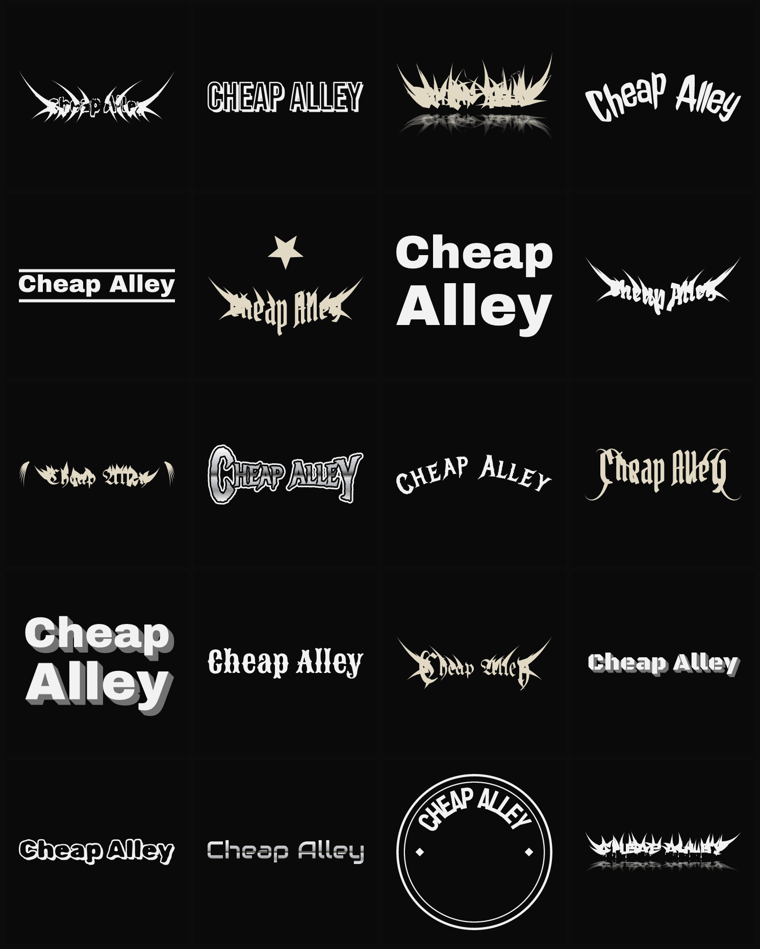 Twenty Cheap Alley band logo ideas — different faces, treatments and spike settings