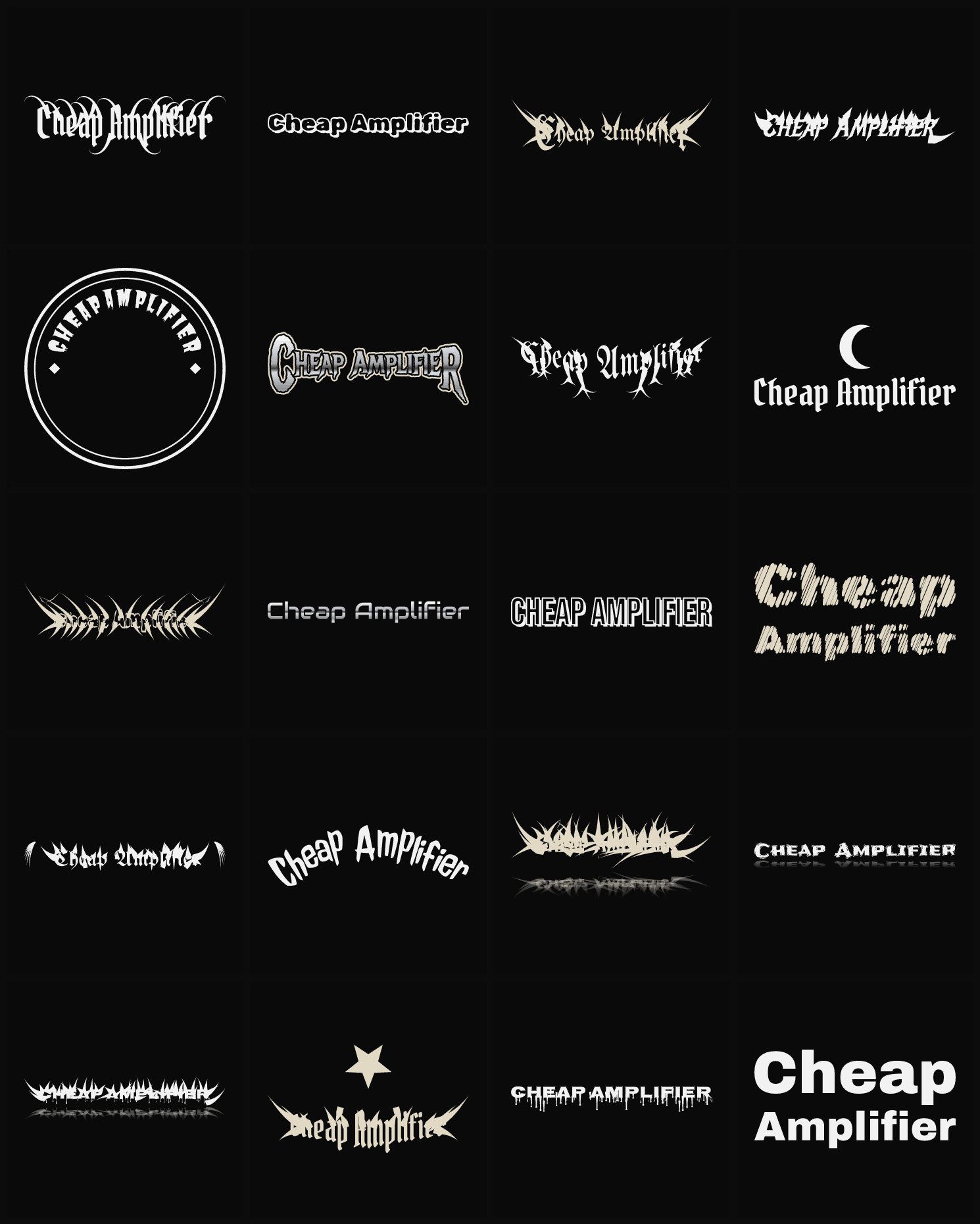 Twenty Cheap Amplifier band logo ideas — different faces, treatments and spike settings