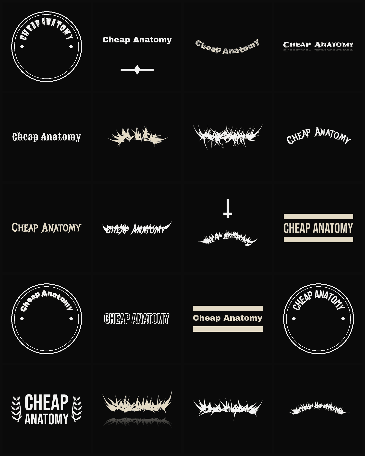 Twenty Cheap Anatomy band logo ideas — different faces, treatments and spike settings