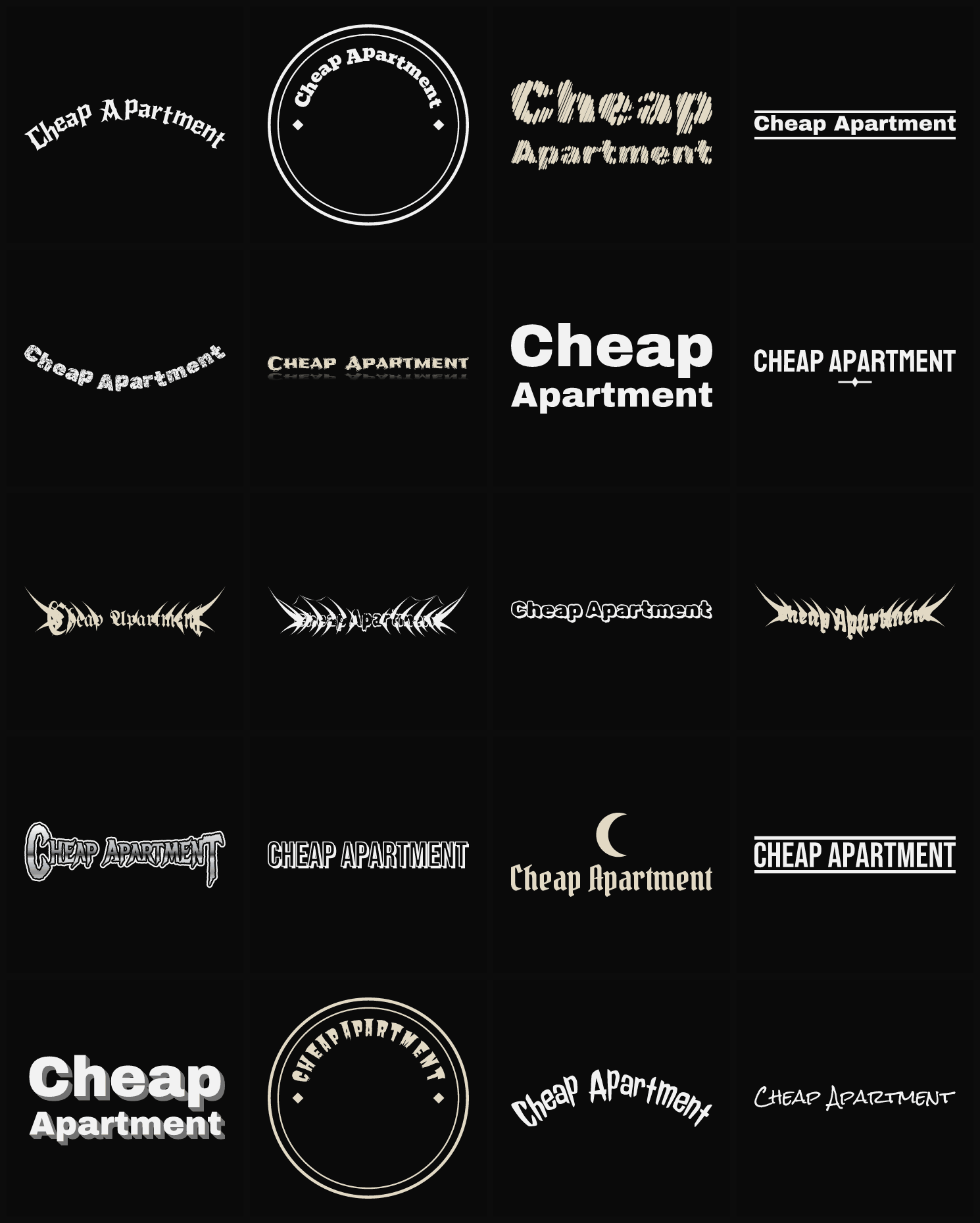 Twenty Cheap Apartment band logo ideas — different faces, treatments and spike settings