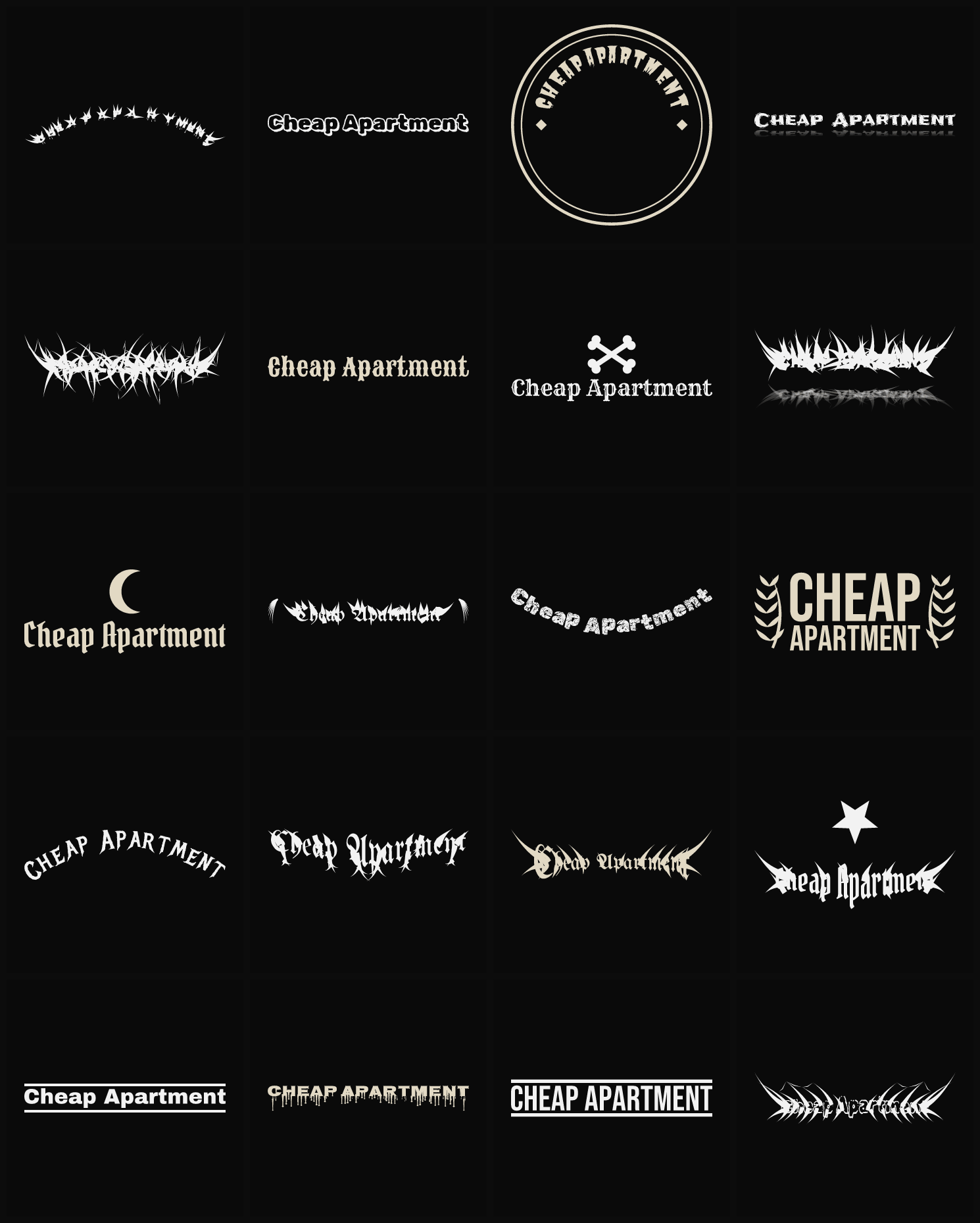 Twenty Cheap Apartment band logo ideas — different faces, treatments and spike settings