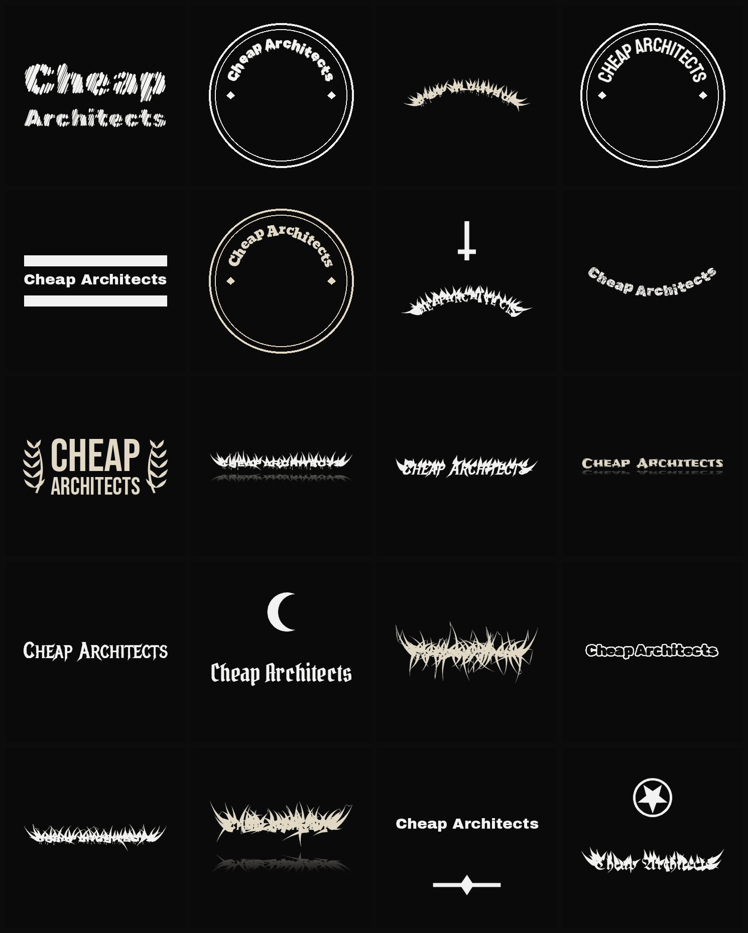 Twenty Cheap Architects band logo ideas — different faces, treatments and spike settings