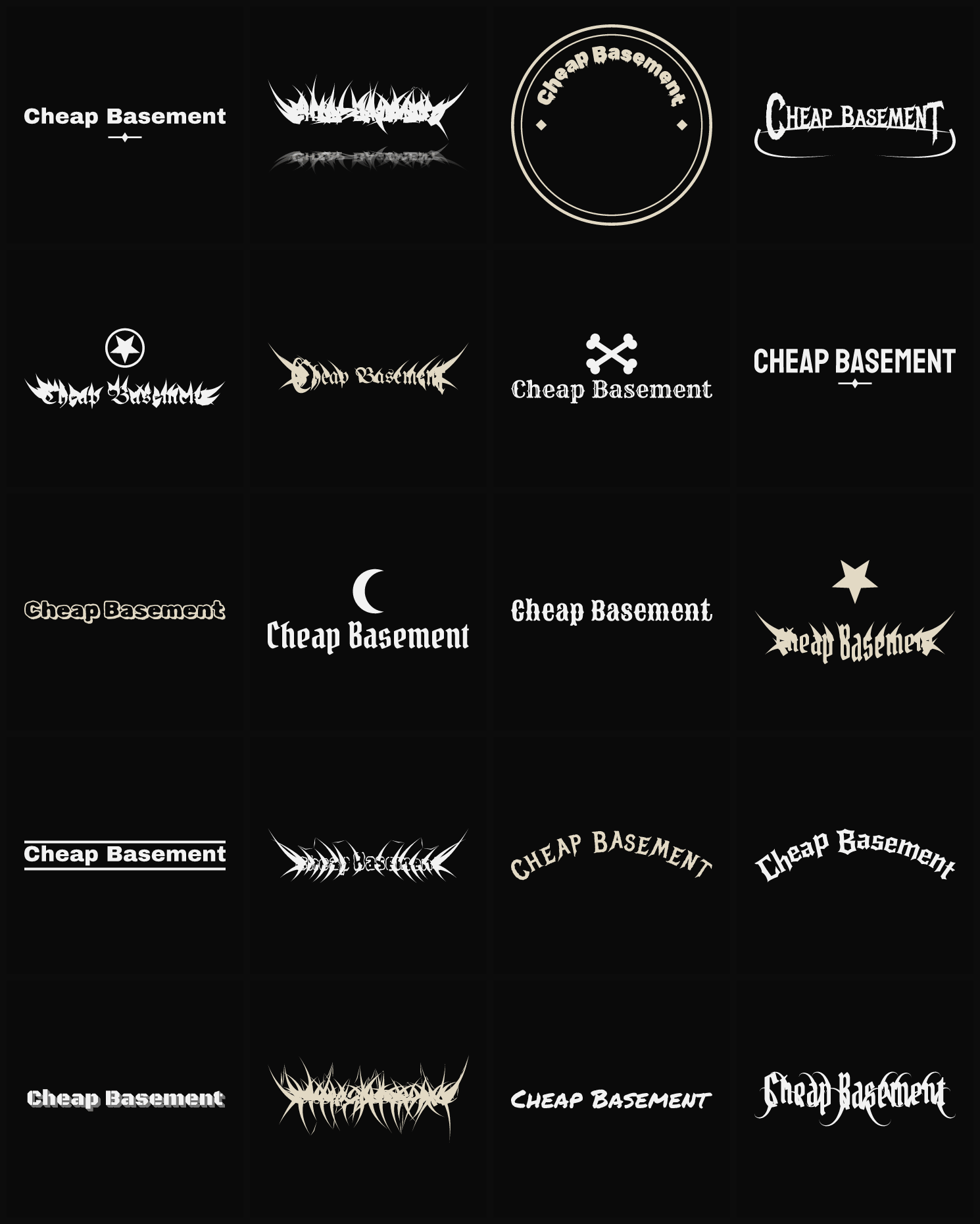 Twenty Cheap Basement band logo ideas — different faces, treatments and spike settings