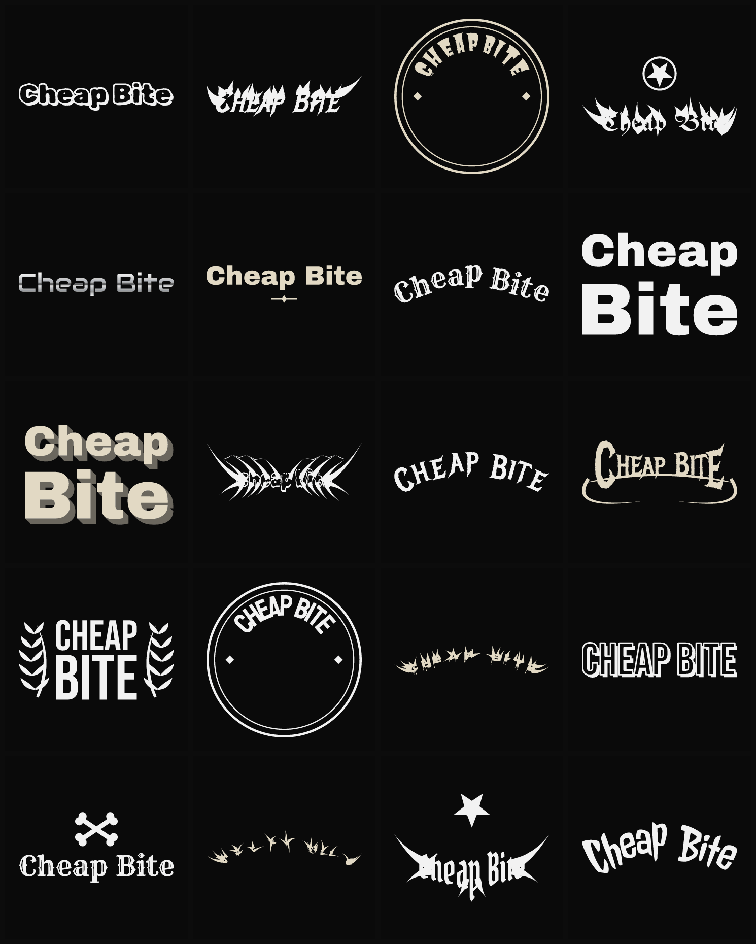 Twenty Cheap Bite band logo ideas — different faces, treatments and spike settings
