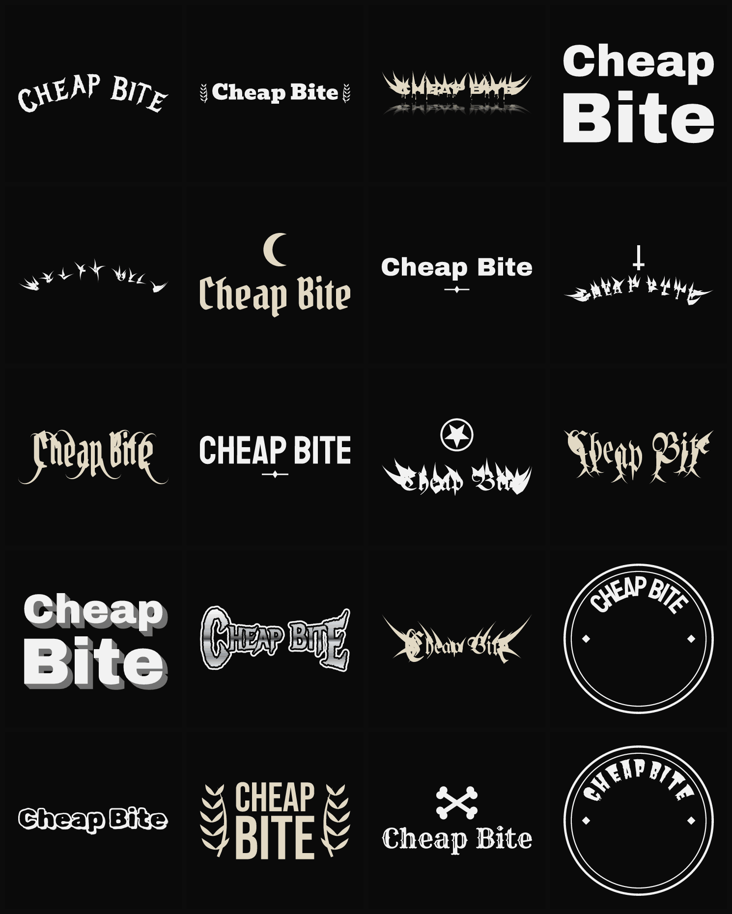 Twenty Cheap Bite band logo ideas — different faces, treatments and spike settings
