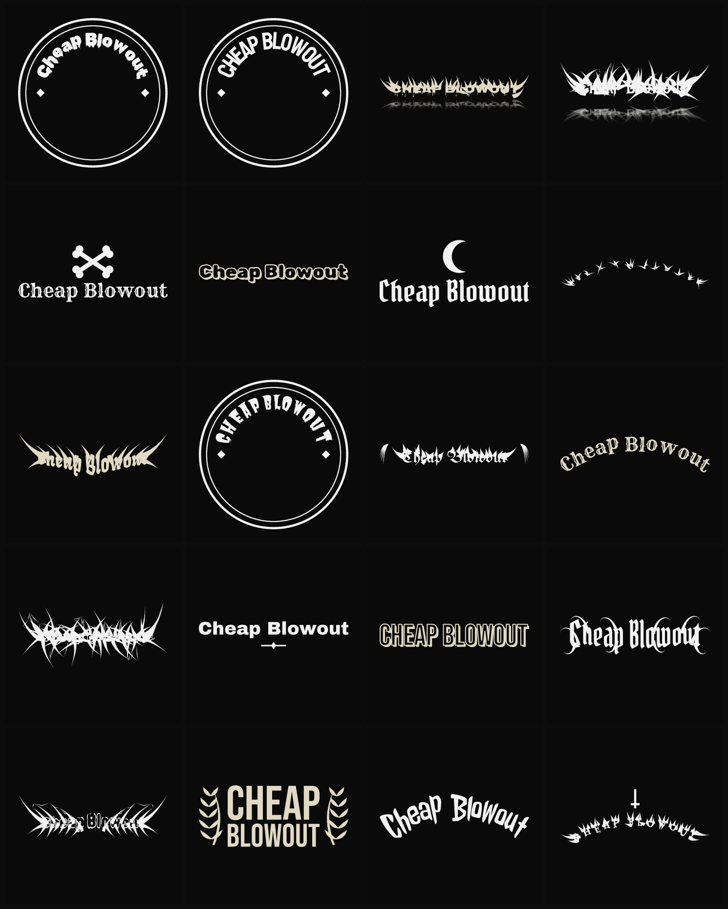 Twenty Cheap Blowout band logo ideas — different faces, treatments and spike settings