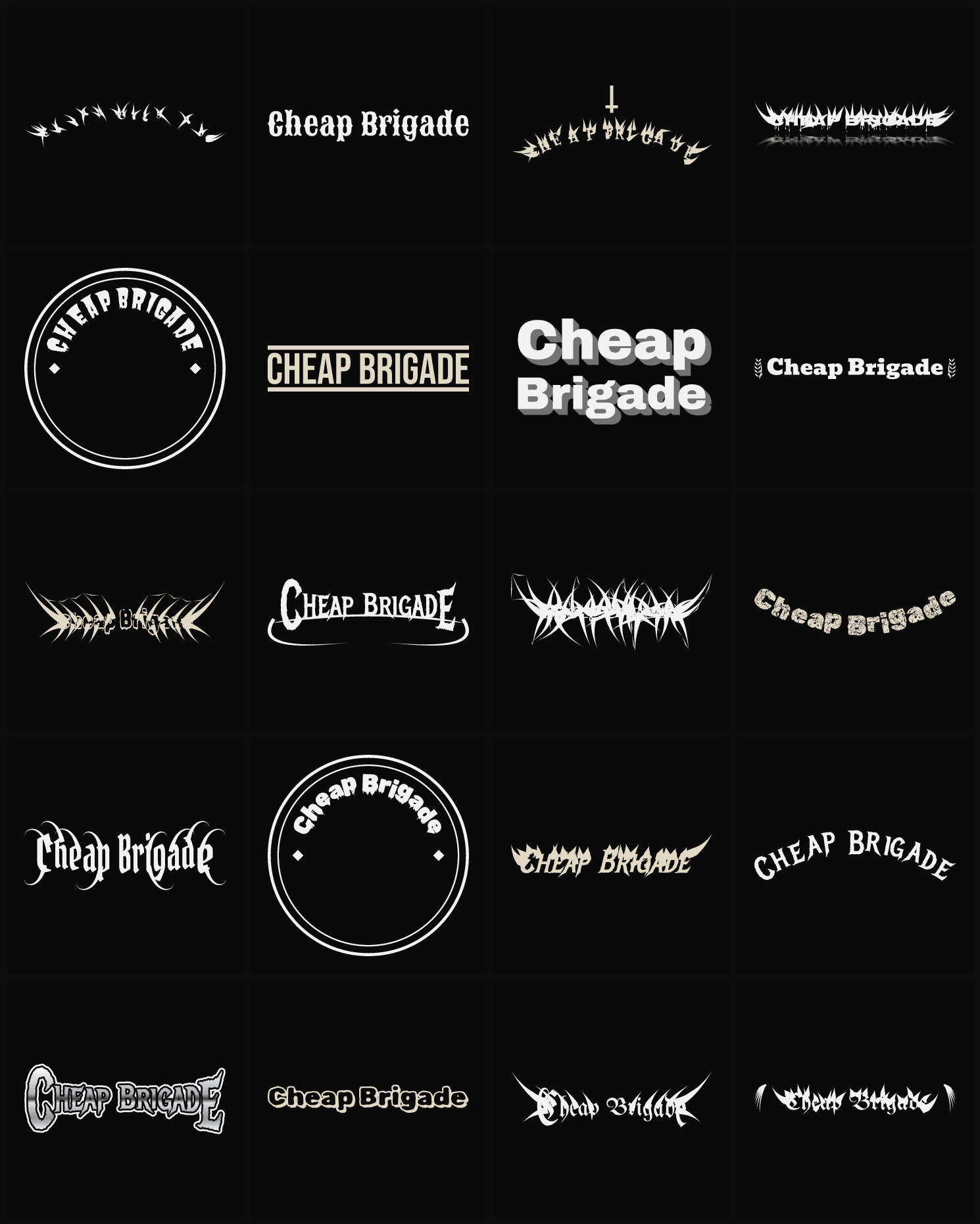 Twenty Cheap Brigade band logo ideas — different faces, treatments and spike settings