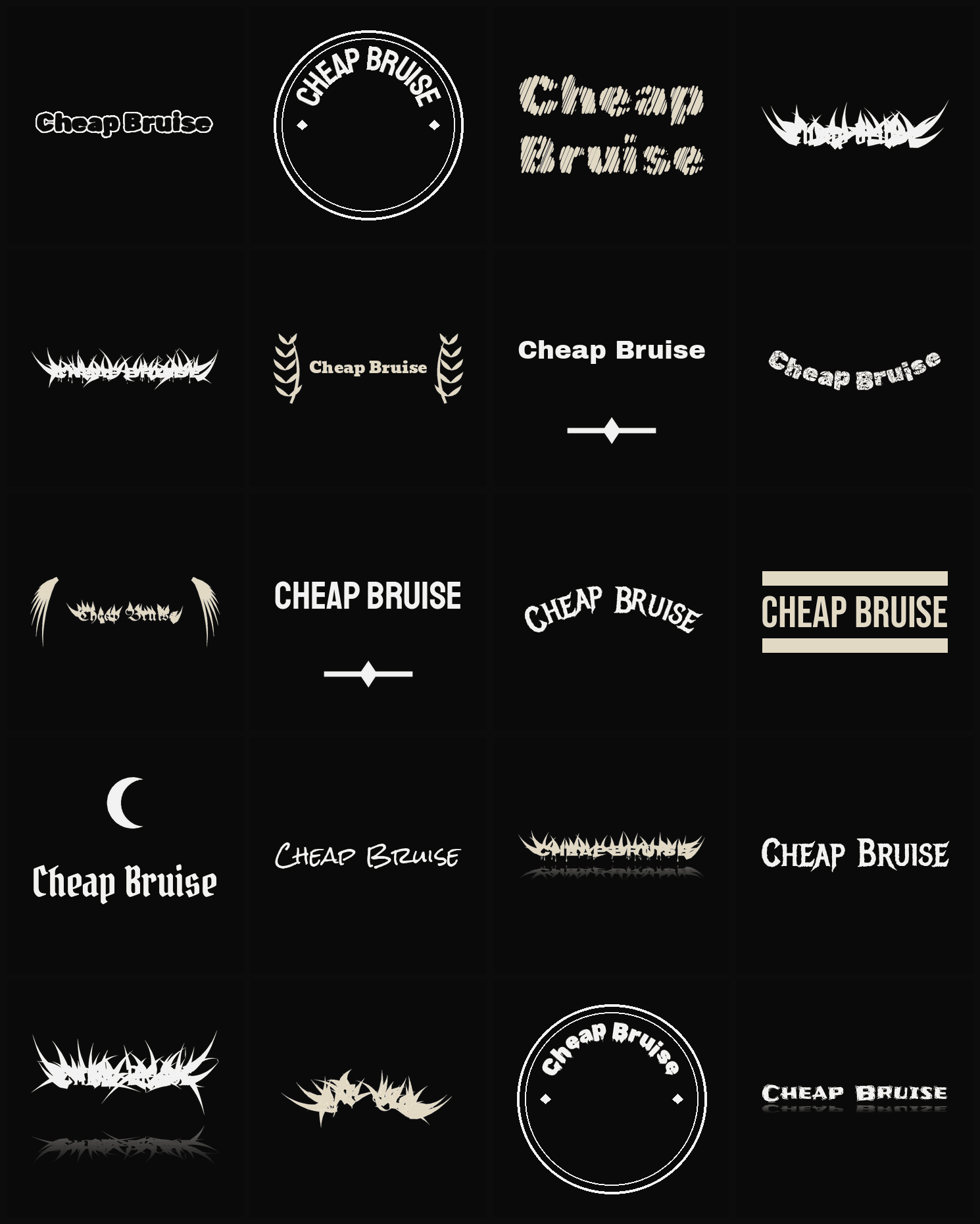 Twenty Cheap Bruise band logo ideas — different faces, treatments and spike settings