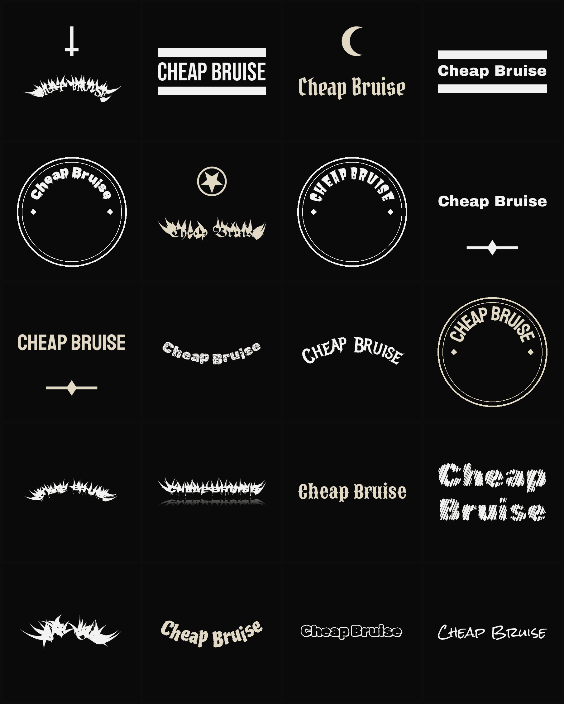 Twenty Cheap Bruise band logo ideas — different faces, treatments and spike settings