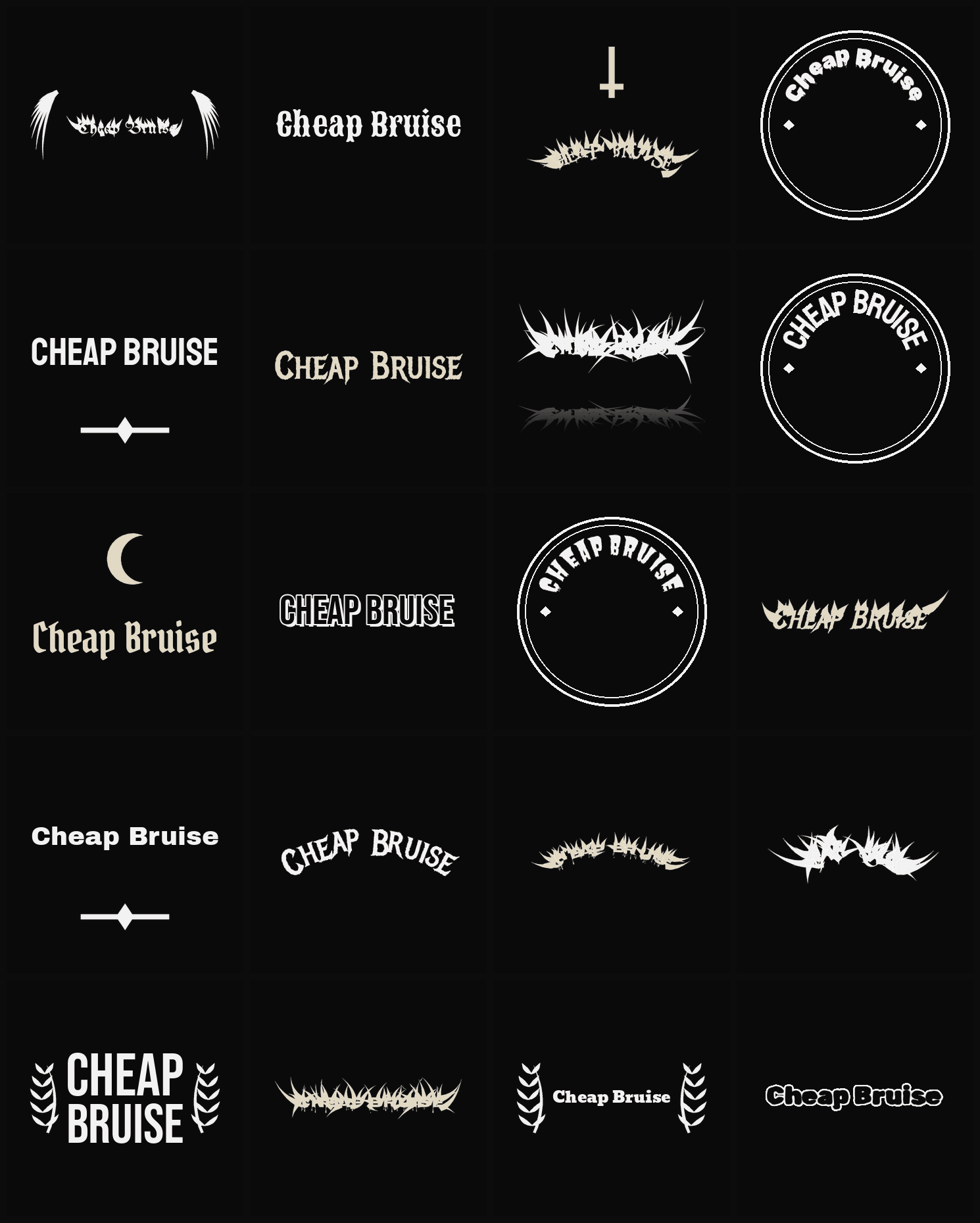 Twenty Cheap Bruise band logo ideas — different faces, treatments and spike settings