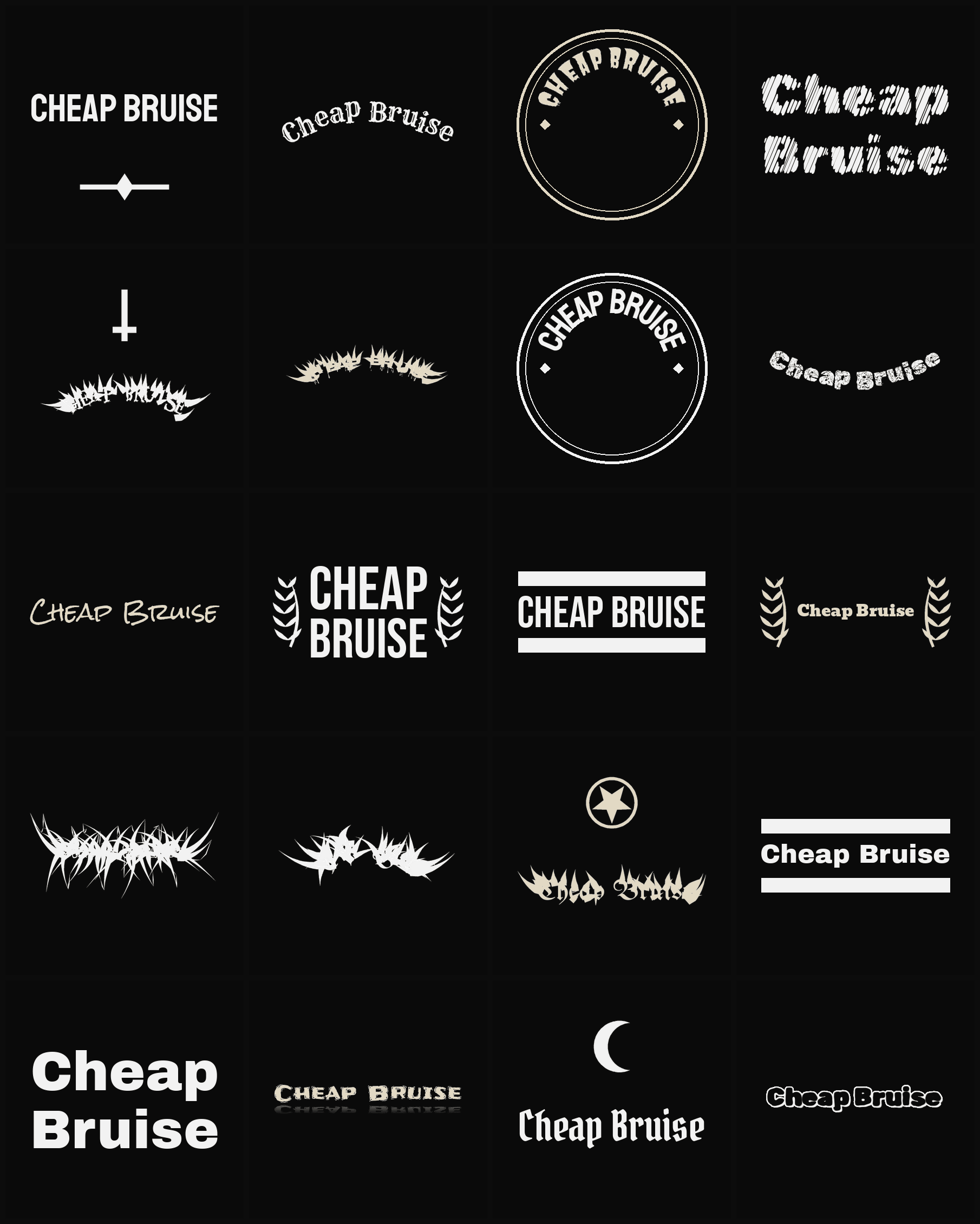 Twenty Cheap Bruise band logo ideas — different faces, treatments and spike settings