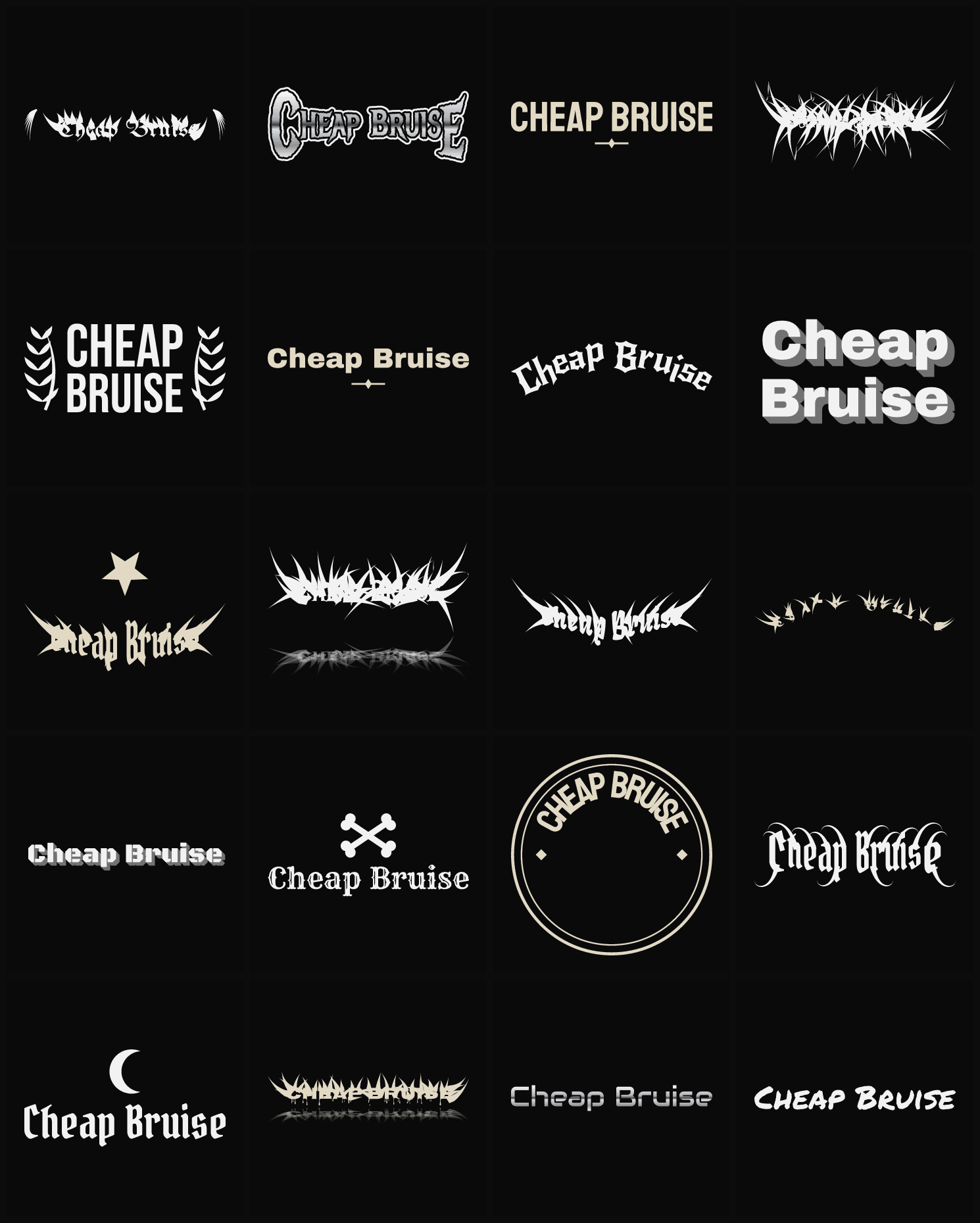 Twenty Cheap Bruise band logo ideas — different faces, treatments and spike settings