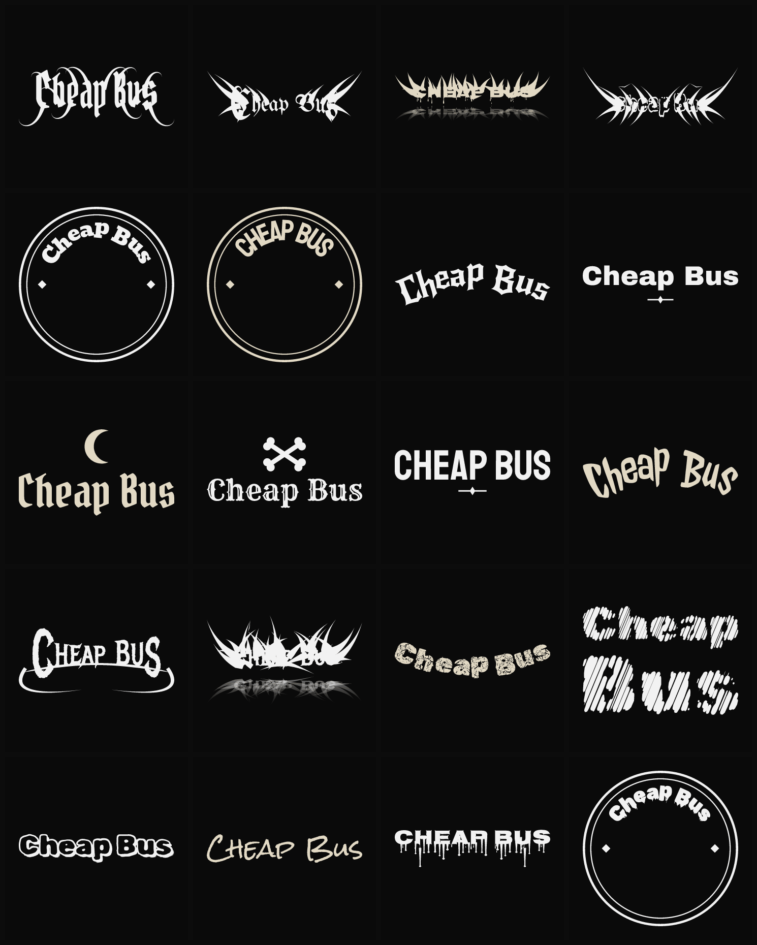 Twenty Cheap Bus band logo ideas — different faces, treatments and spike settings