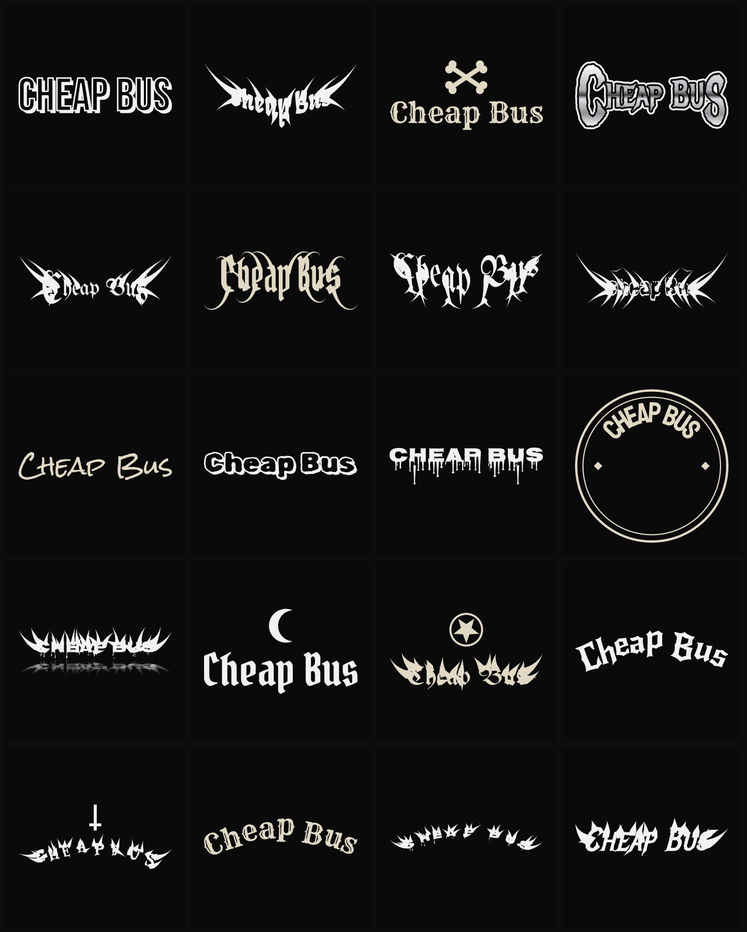 Twenty Cheap Bus band logo ideas — different faces, treatments and spike settings