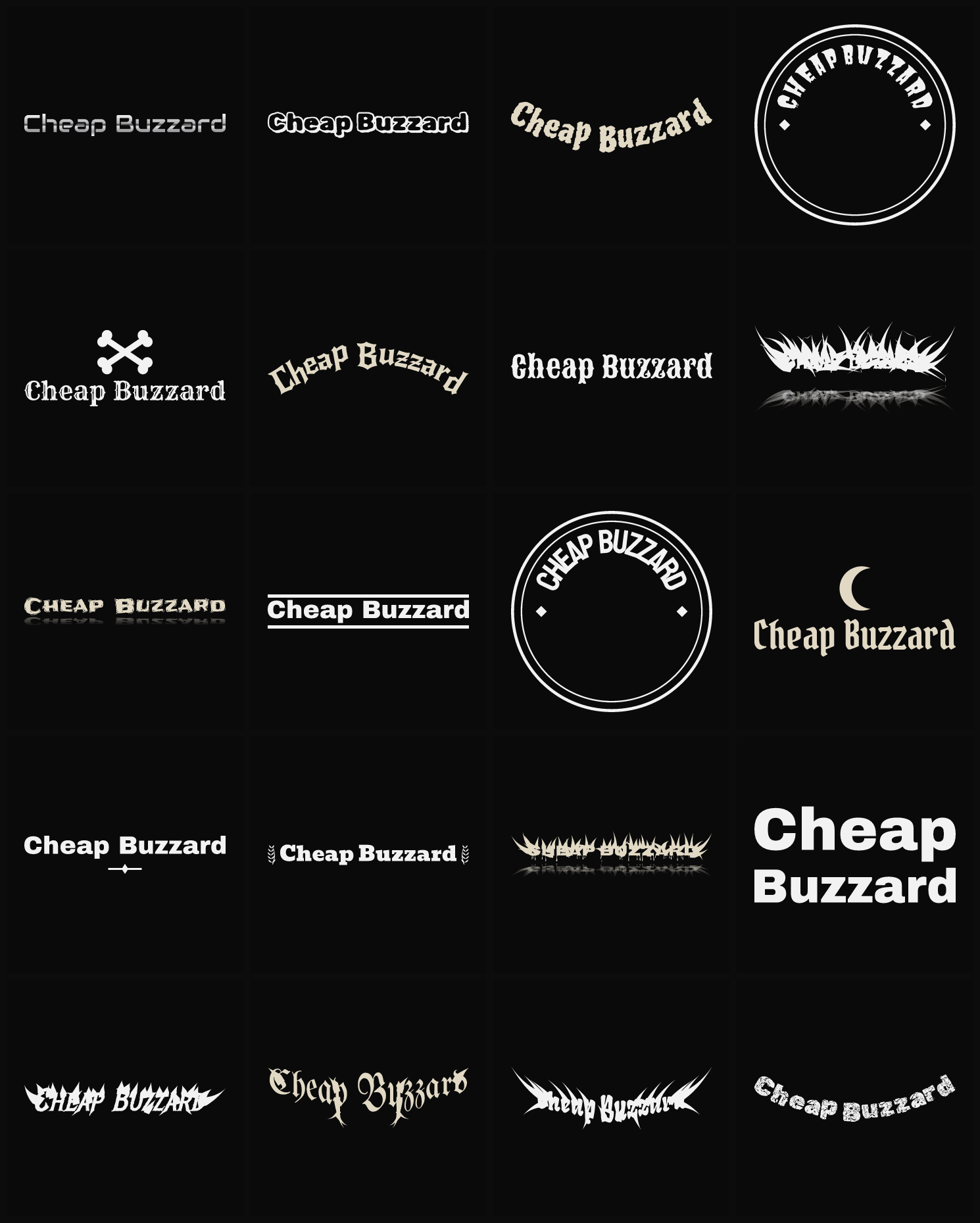 Twenty Cheap Buzzard band logo ideas — different faces, treatments and spike settings