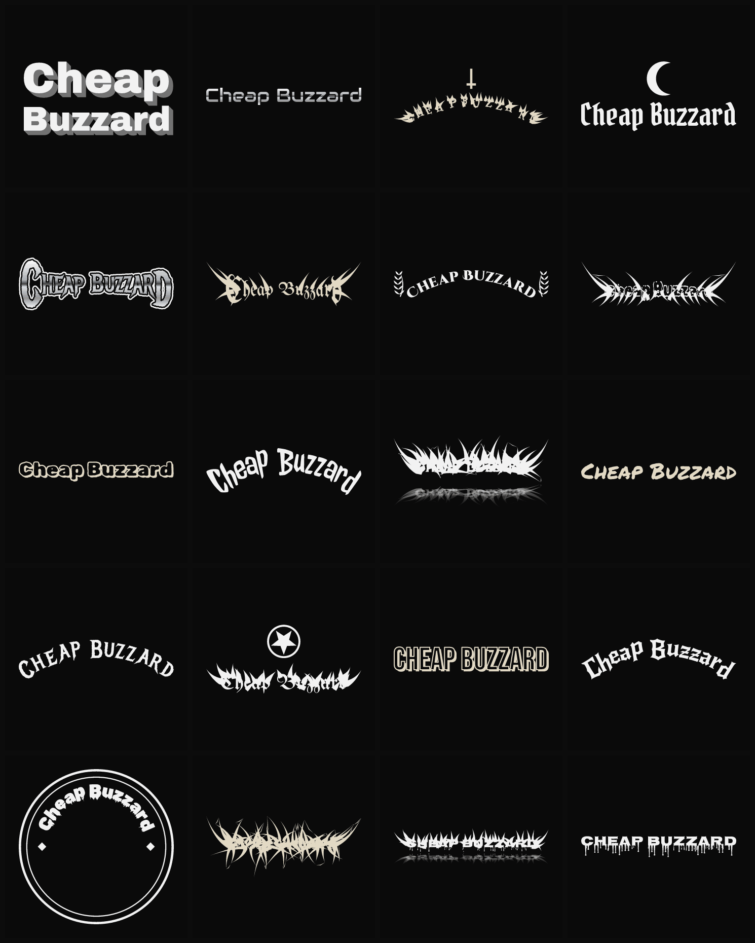 Twenty Cheap Buzzard band logo ideas — different faces, treatments and spike settings