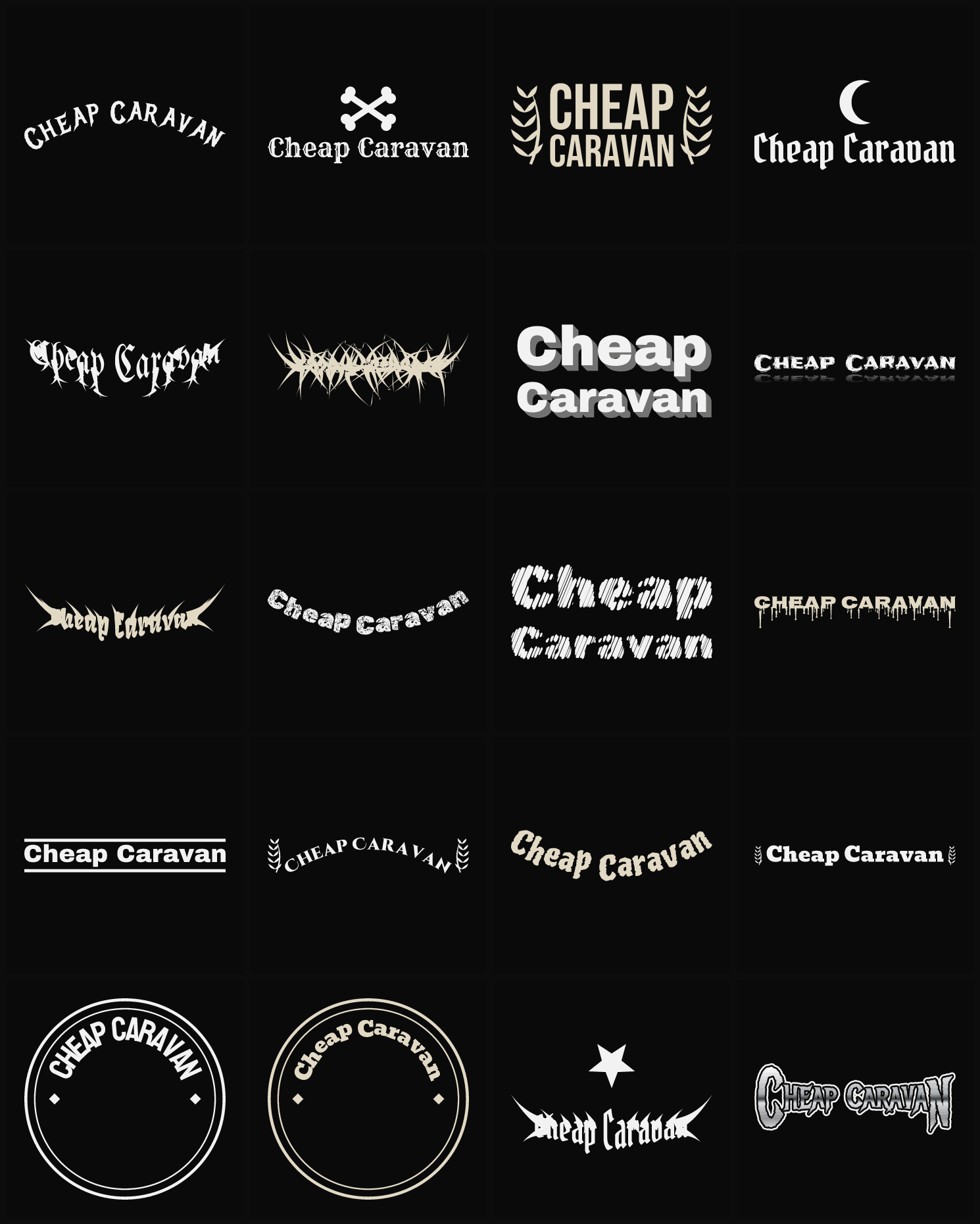 Twenty Cheap Caravan band logo ideas — different faces, treatments and spike settings