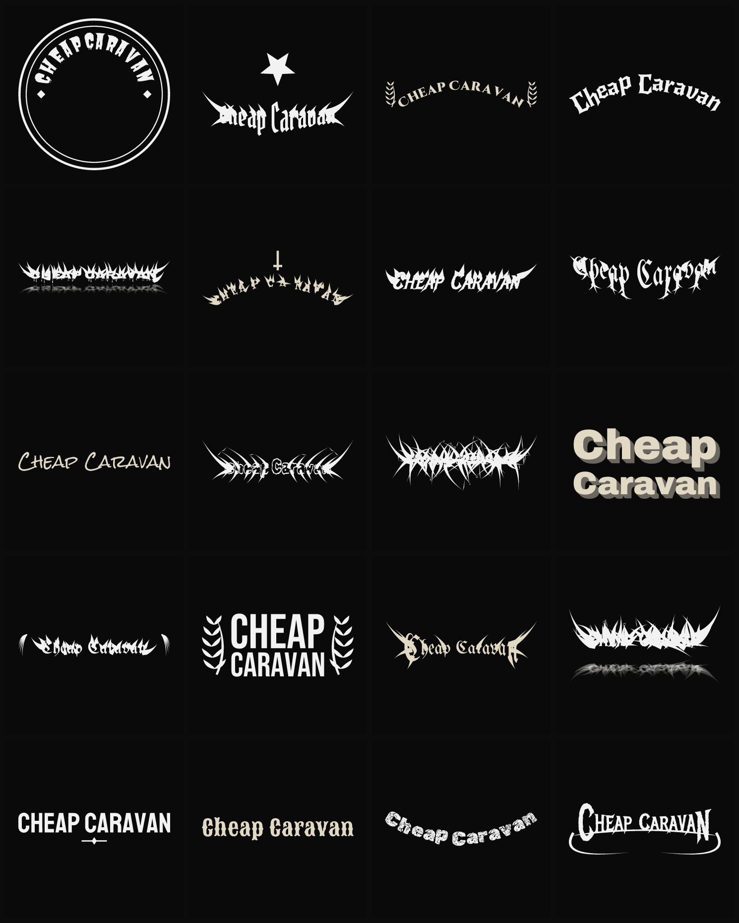 Twenty Cheap Caravan band logo ideas — different faces, treatments and spike settings