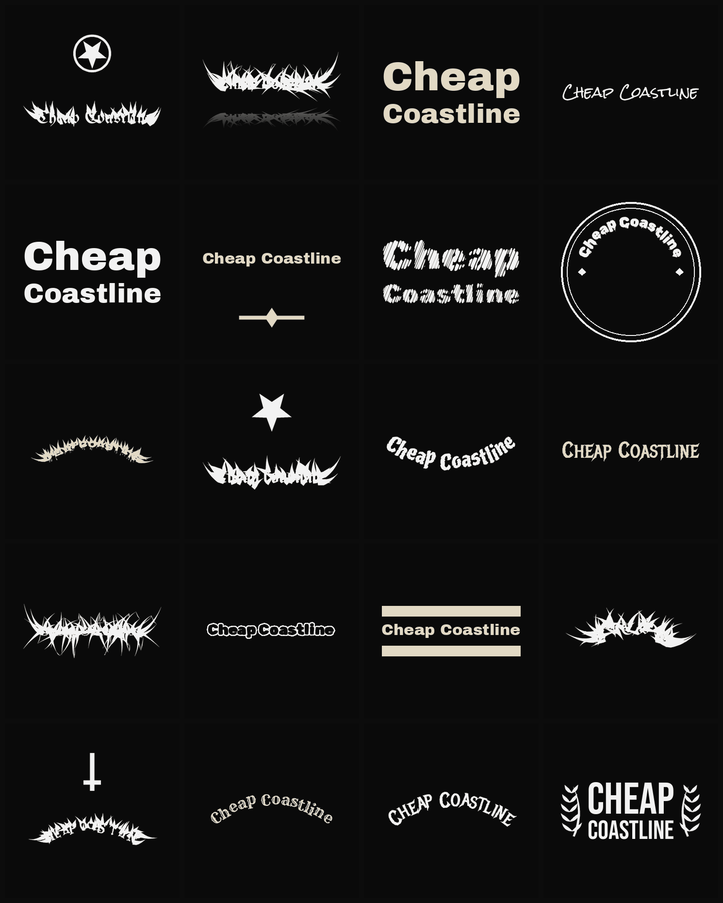 Twenty Cheap Coastline band logo ideas — different faces, treatments and spike settings