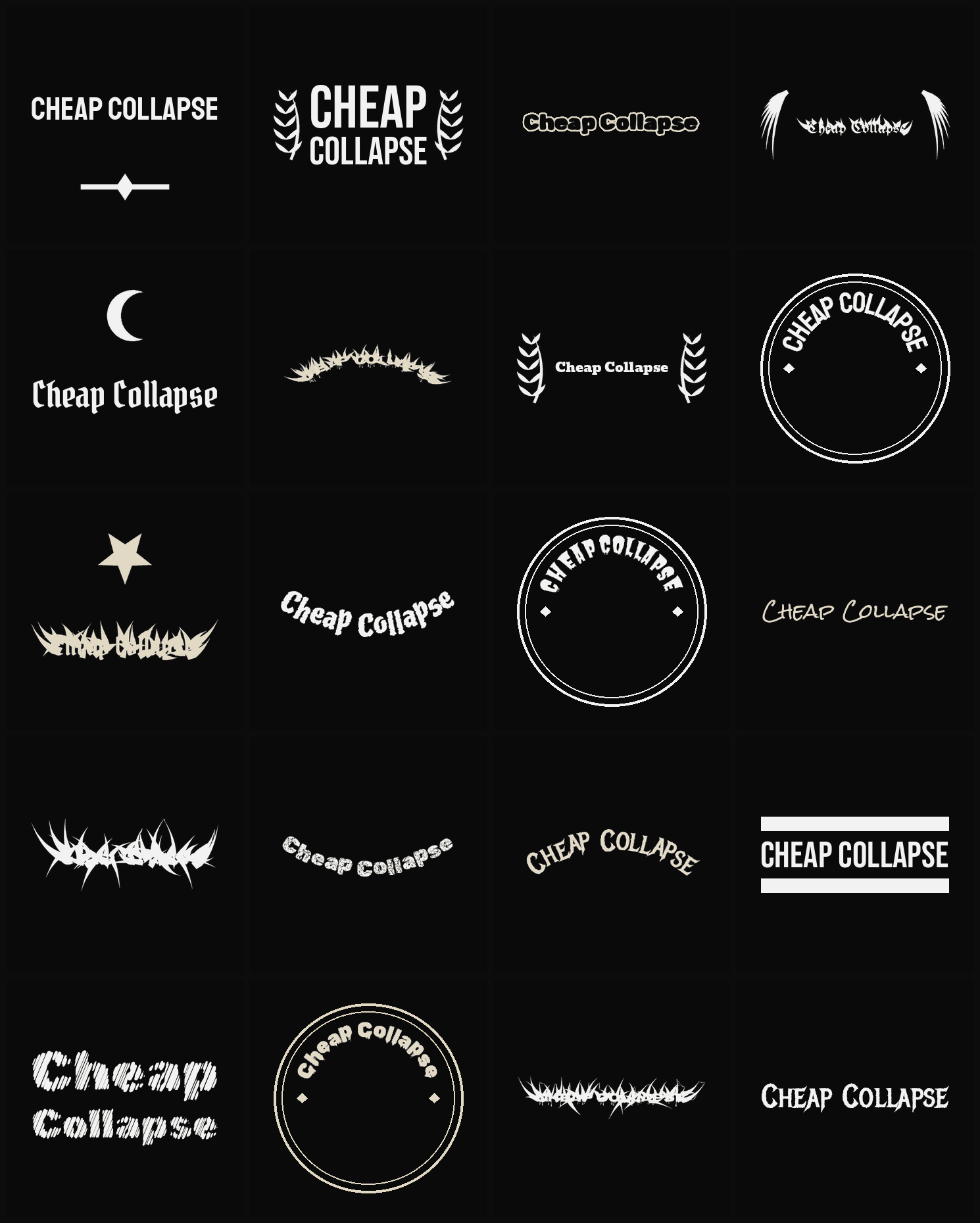 Twenty Cheap Collapse band logo ideas — different faces, treatments and spike settings