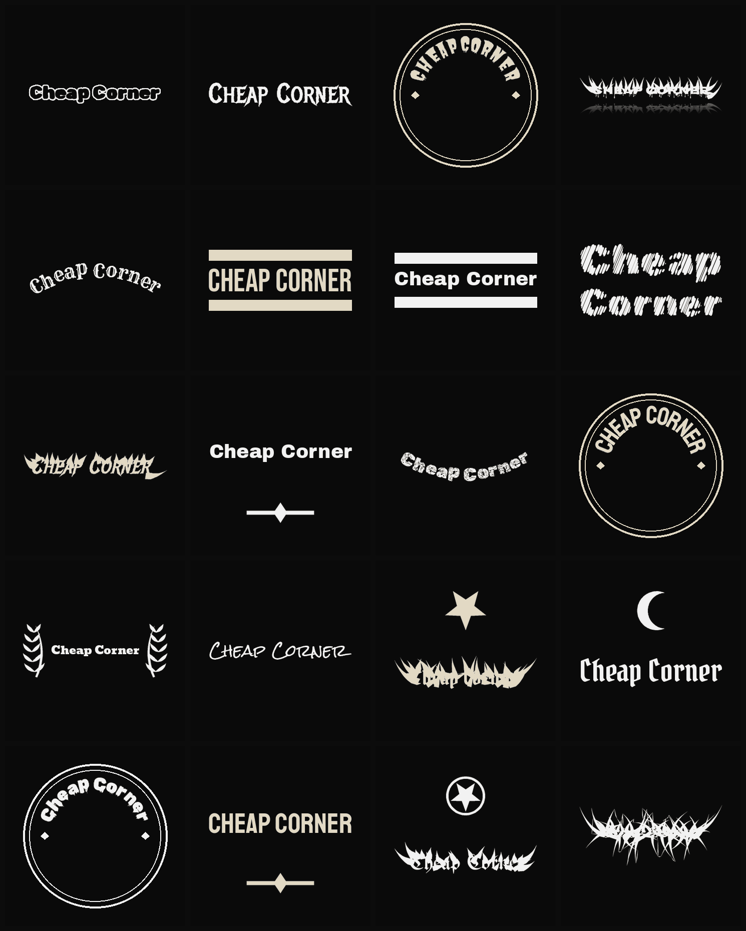 Twenty Cheap Corner band logo ideas — different faces, treatments and spike settings