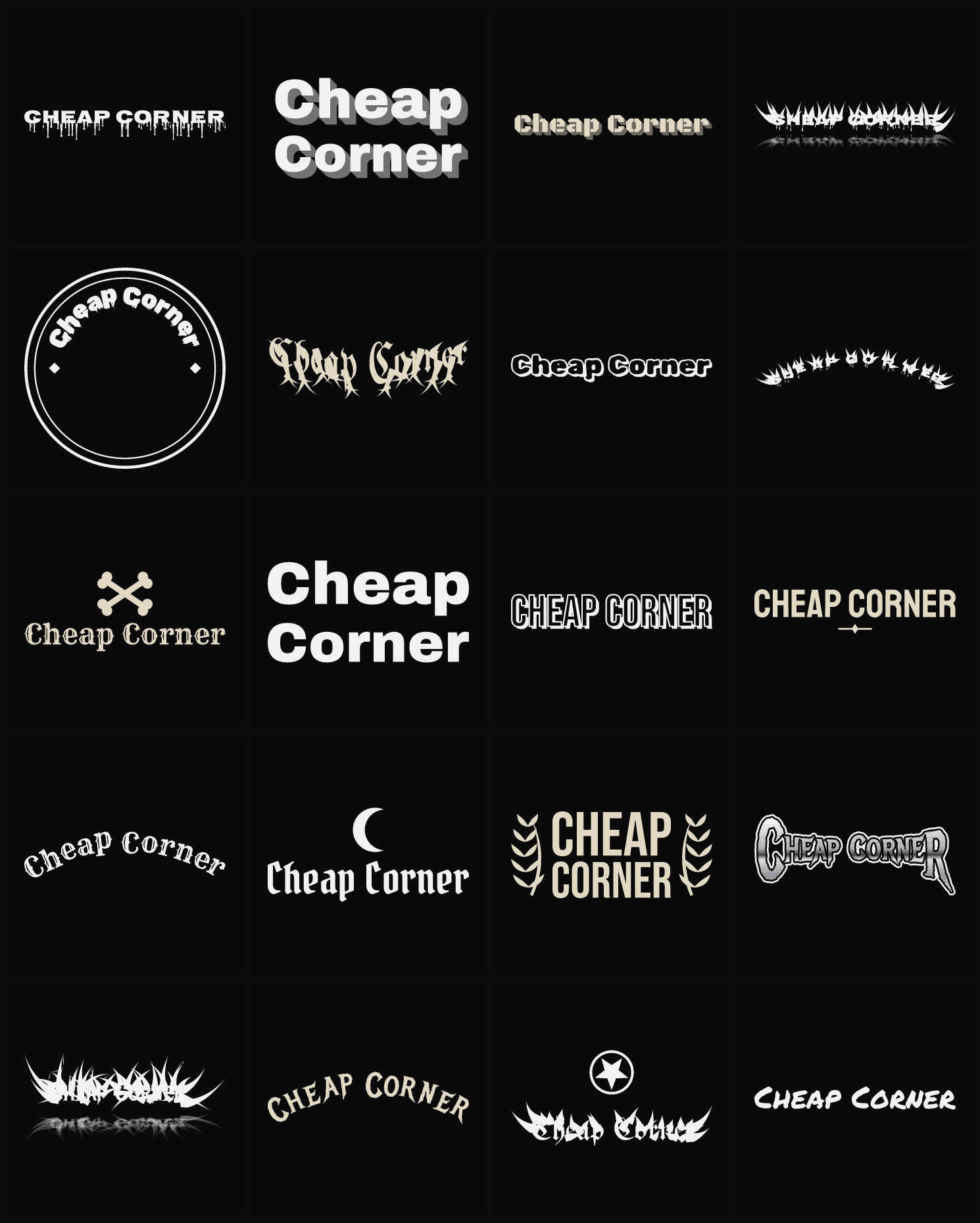 Twenty Cheap Corner band logo ideas — different faces, treatments and spike settings